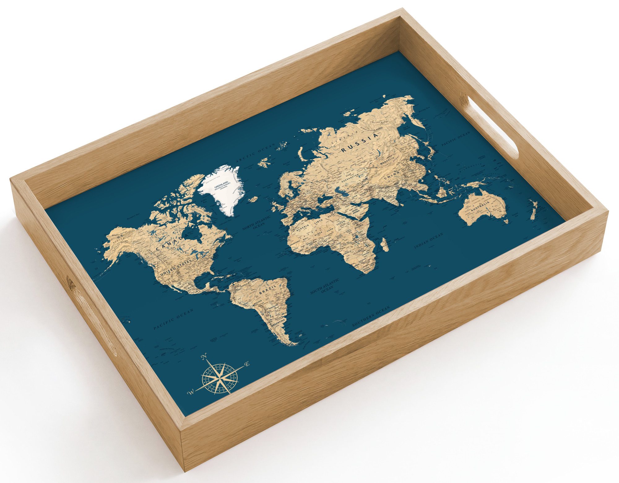OnlyWow Tablett Rechteckig mit Henkel Weltkarte - Dunkelblau - Beige, Eichenholz, (1-tlg), Siervierplatte, Tray, Frühstücksbrett