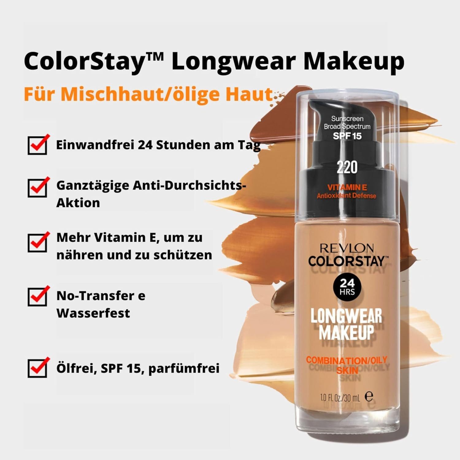 Revlon Make-up 250 Fresh Beige, ColorStay Longwear Makeup für Mischhaut, Fettige Haut, SPF 15, 250 Fresh Beige, 30ml, ölfrei, wasserfest, wischfest, Vitamin E angereichert, mattes Finish