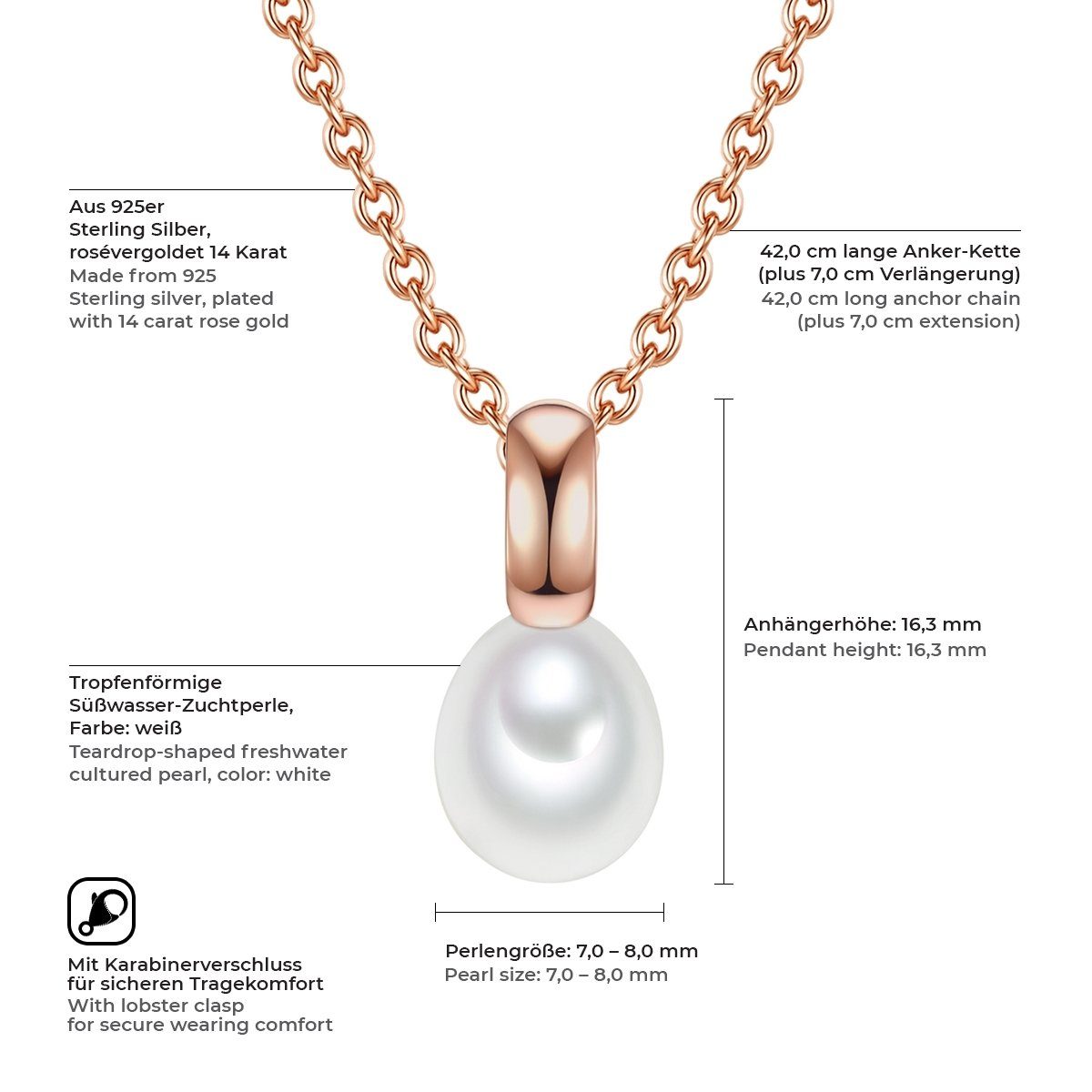 Valero Pearls Silberkette roségold, mit Süßwasser-Zuchtperlen günstig online kaufen