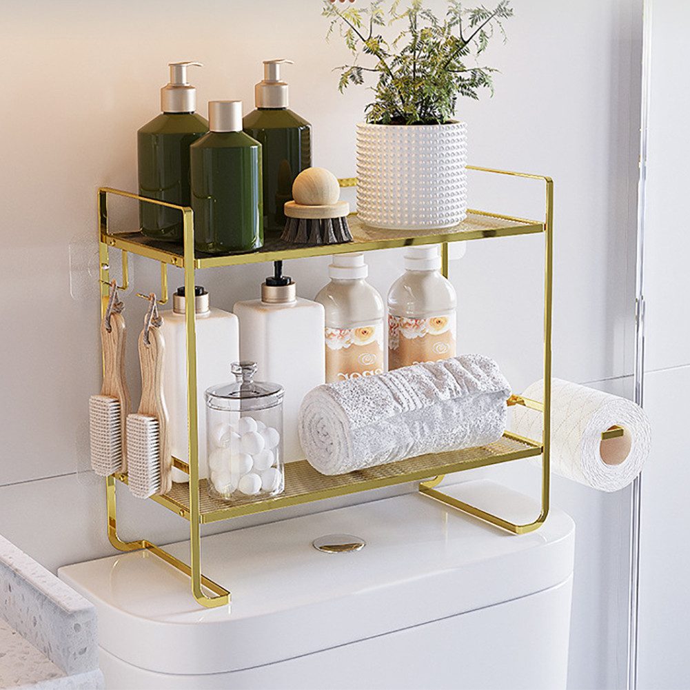 GarveeMore Badregal Neu Über der Toilette Lagerung Regal, 2-Tier Bad Lagerung Organizer, Mit Papierhalter und 2 Haken platzsparendes Metallregal zur Aufbewahru