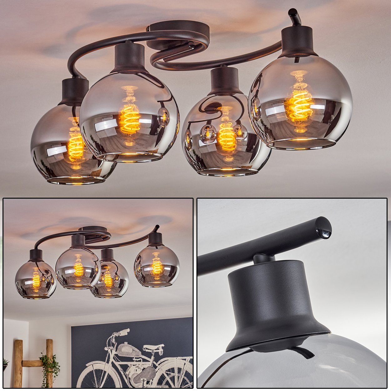 hofstein Deckenleuchte Deckenlampe aus Metall/Glas in Schwarz/Chromfarben, ohne Leuchtmittel, Leuchte im Retro-Design aus Glas, 4 x E27, ohne Leuchtmittel