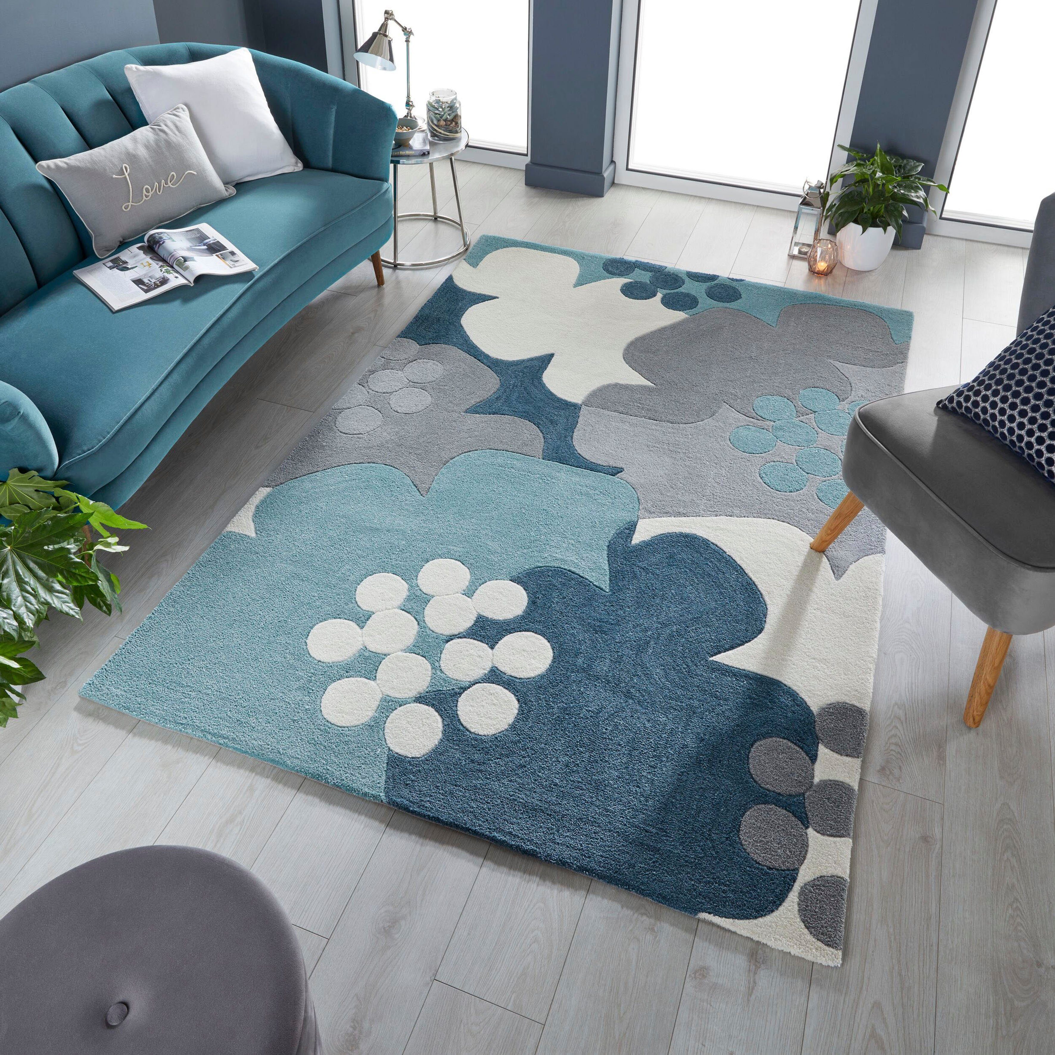 RUGS, blau mit mm, fußbodenheizungsgeeignet, Höhe: Retro Floral, 10 Teppich florales Hoch-Tief-Effekt, rechteckig, Muster FLAIR