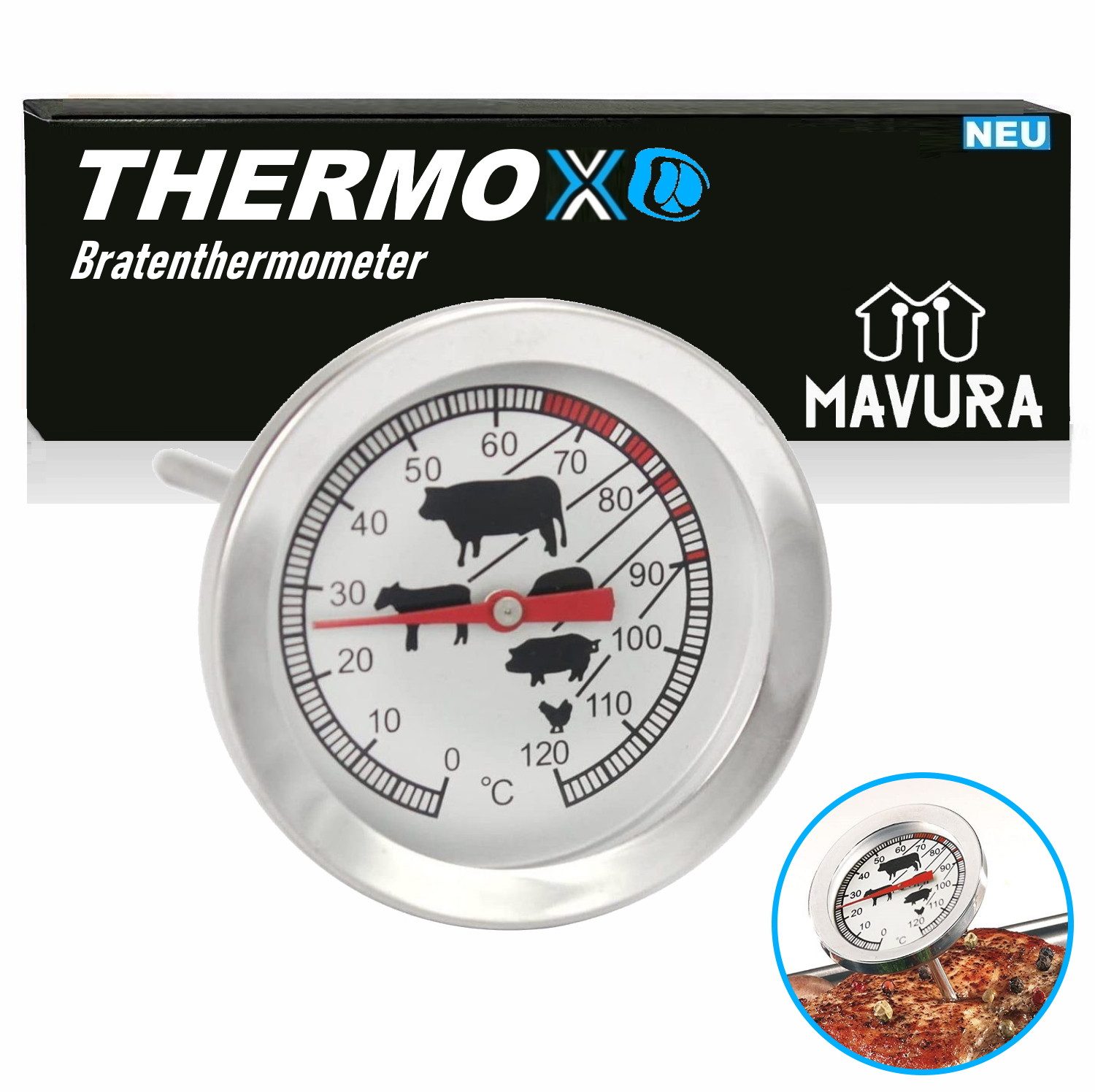 MAVURA Bratenthermometer THERMOX Analoges Fleisch- & Braten-Thermometer Backofenthermometer, Fleischthermometer Grillthermometer Fleischnadel Rostfreier Edelstahl