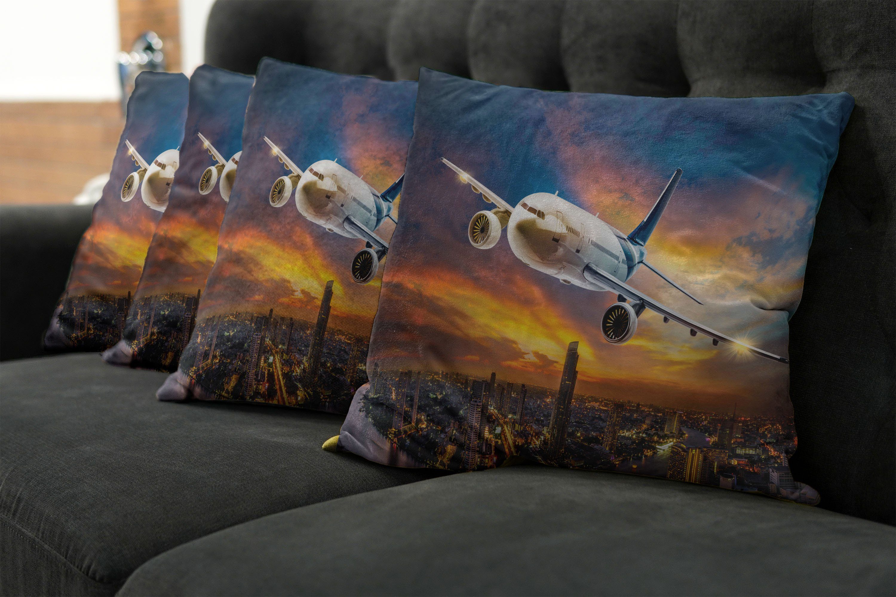 Kissenbezüge Modern Accent mit Flugzeug Abakuhaus Doppelseitiger dem Stück), (4 Digitaldruck, Reise Nachtszene