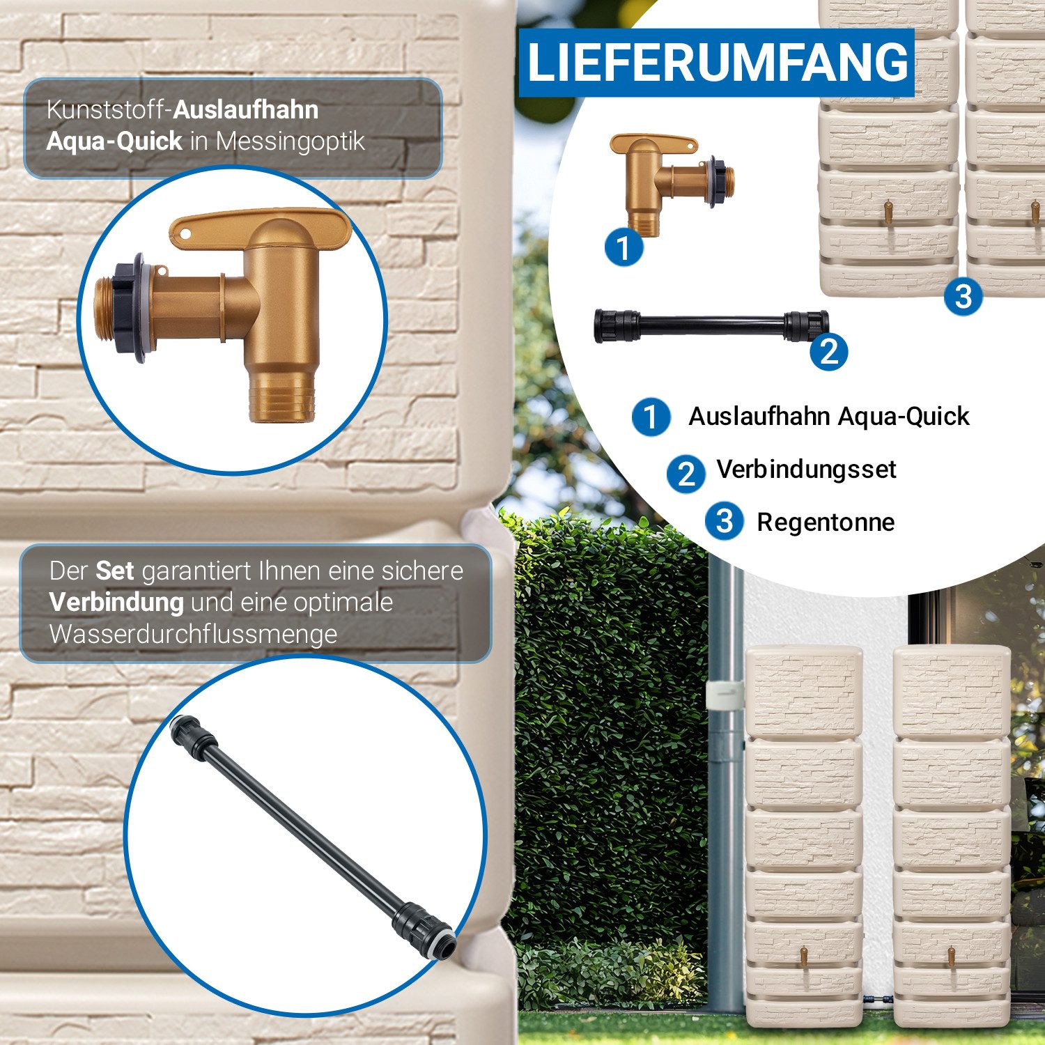4rain Regentonne SLIM STONE DECOR Wandtank-Set 700 L sandbeige, 700 l – Bild 4 von 5