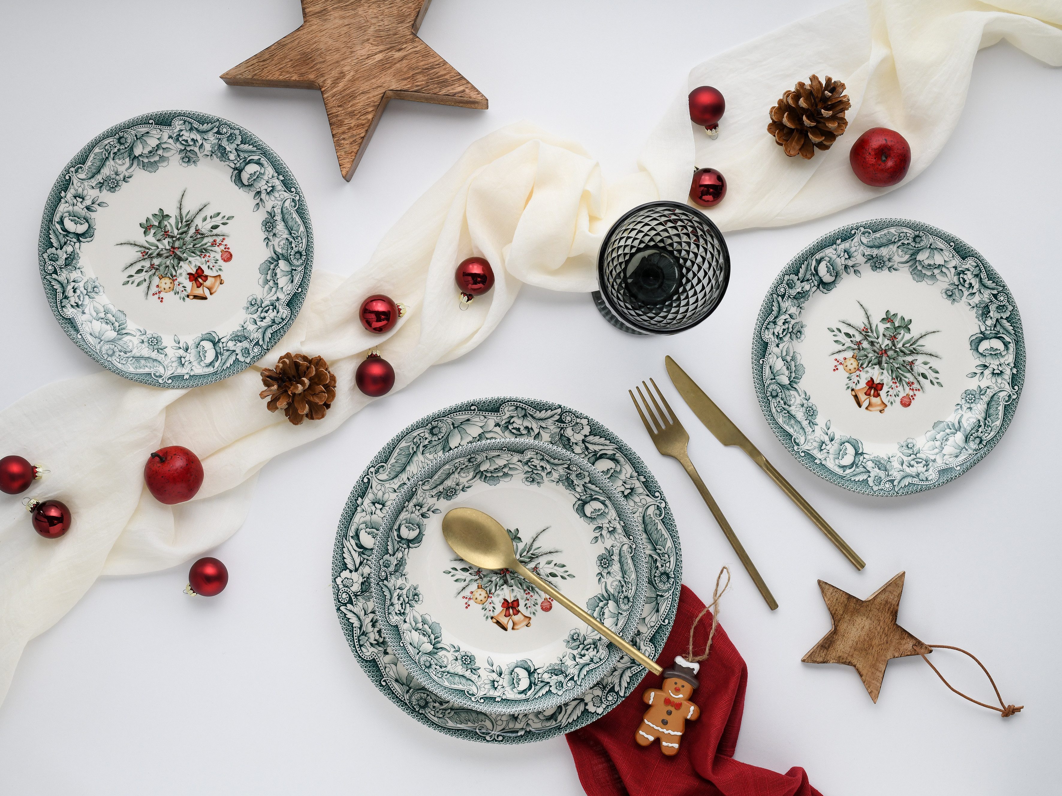 CreaTable Teller-Set Weihnachten Grün, Teller Set 12-tlg (12-tlg), 4 Personen, Steingut, Weihnachtsdekorationen als Zentralmotiv