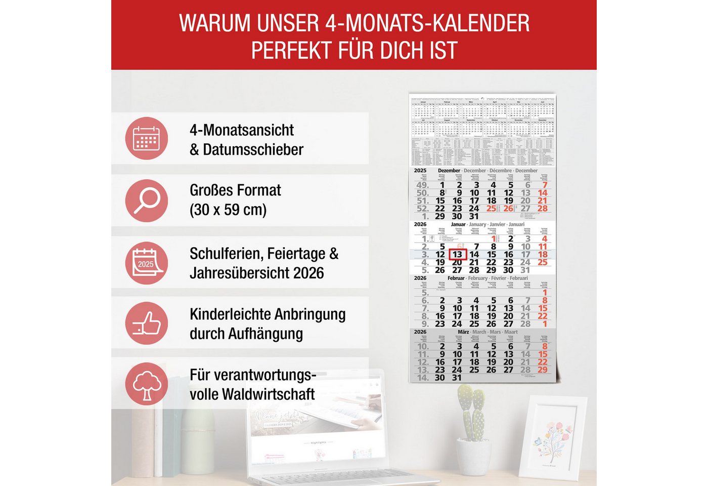Thumbnail - TOBJA Wandkalender 4 Monatskalender 2026 Wandkalender mit Schieber Einblatt, Kalender 2026 Wandkalender, gefalzt!