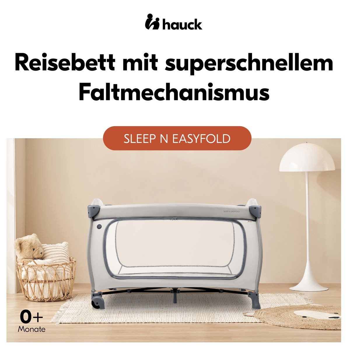 Hauck Baby-Reisebett Sleep N Easyfold Set - Dark Grey, Baby Kinder Reisebett mit Matratze, Insektenschutz, Tasche & Rollen