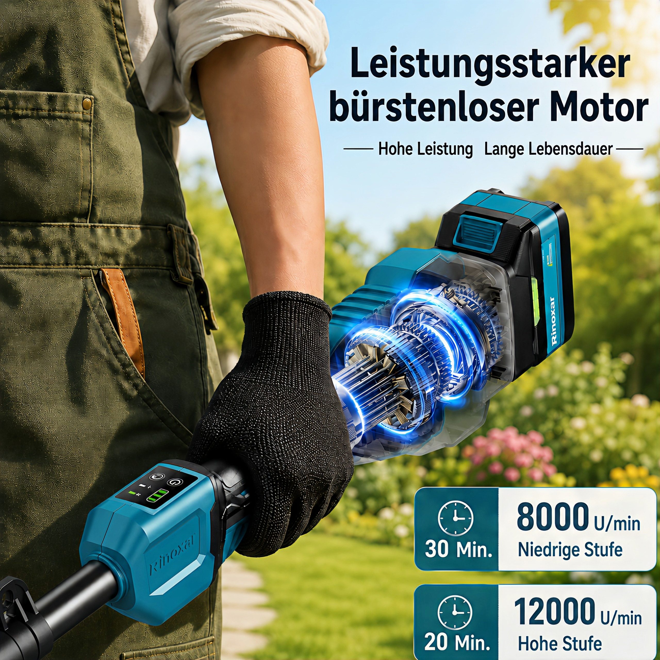 Rinoxar Akku-Rasentrimmer Kabelloser Rasentrimmer 12000RPM,Akku Freischneider mit 2x5200mAh akku, 26cm cm Arbeitsbreite Messer, 26cm Schnittdurchmesser, Sicherheitsschutz, 3 Klingen für Garten