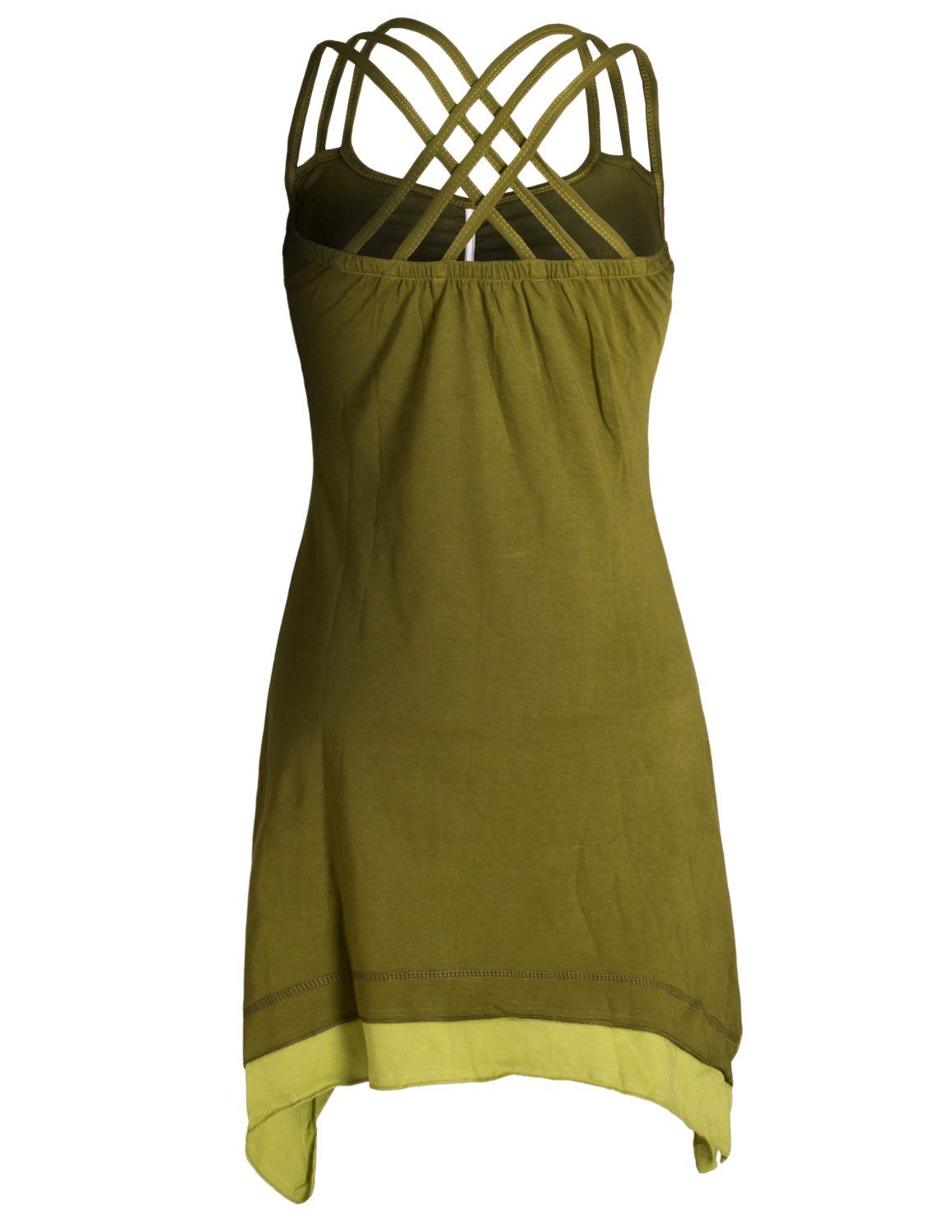 Vishes Sommerkleid Lagenlook Trägerkleid Hippie, olive Cotton Boho mit Elfen, Organic Style Zipfeln