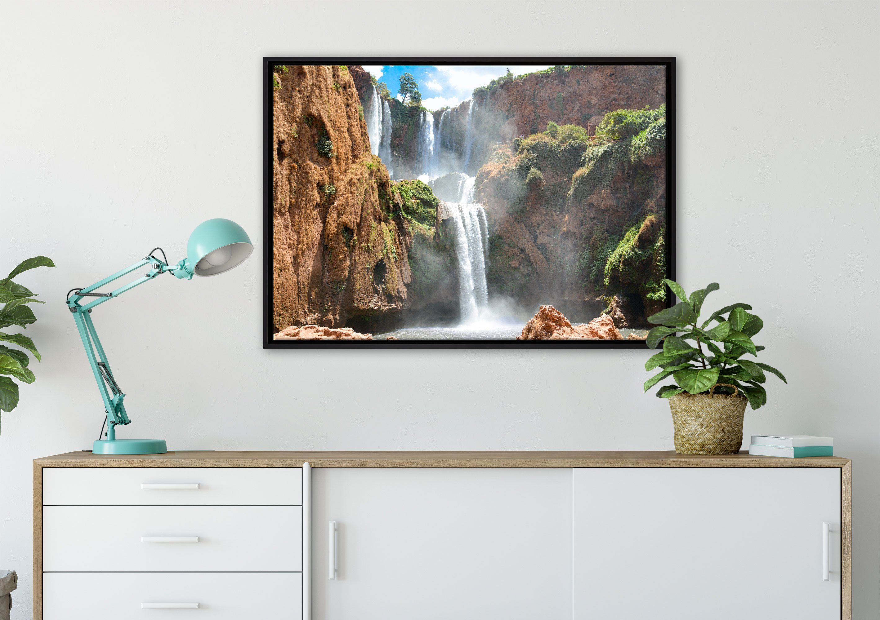 Wasserfall, Spektakulärer Pixxprint St), gefasst, inkl. in Leinwandbild bespannt, (1 fertig Leinwandbild einem Zackenaufhänger Schattenfugen-Bilderrahmen Wanddekoration