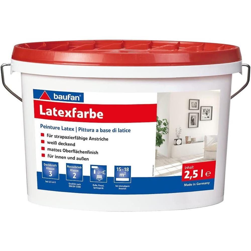 baufan® Latexfarbe Latex Farbe für Innen und Außen Dispersionsfarbe Weiß, Scheuerbeständig und strapazierfähig