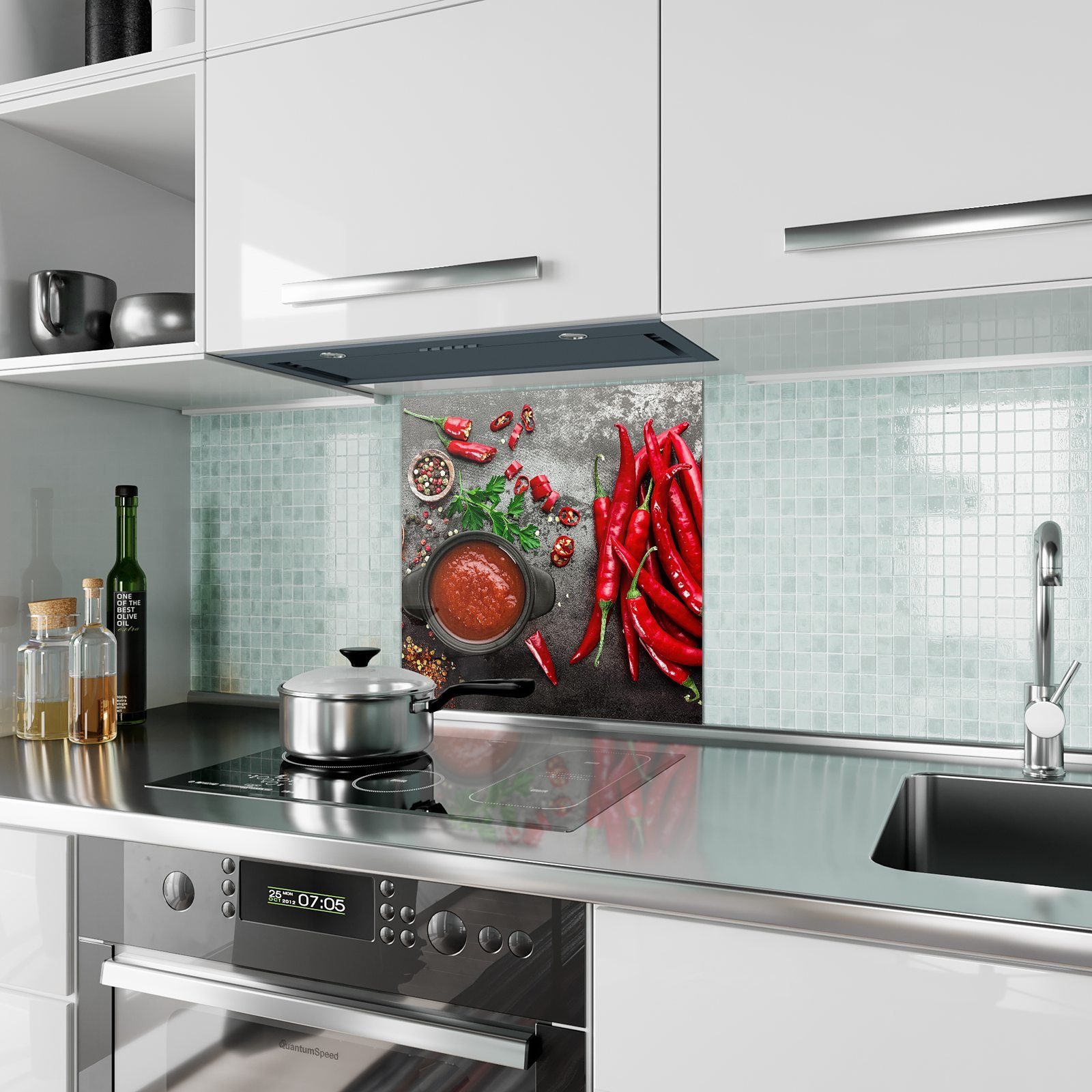 Primedeco Küchenrückwand Küchenrückwand Spritzschutz Pulver und Glas Schoten mit Motiv
