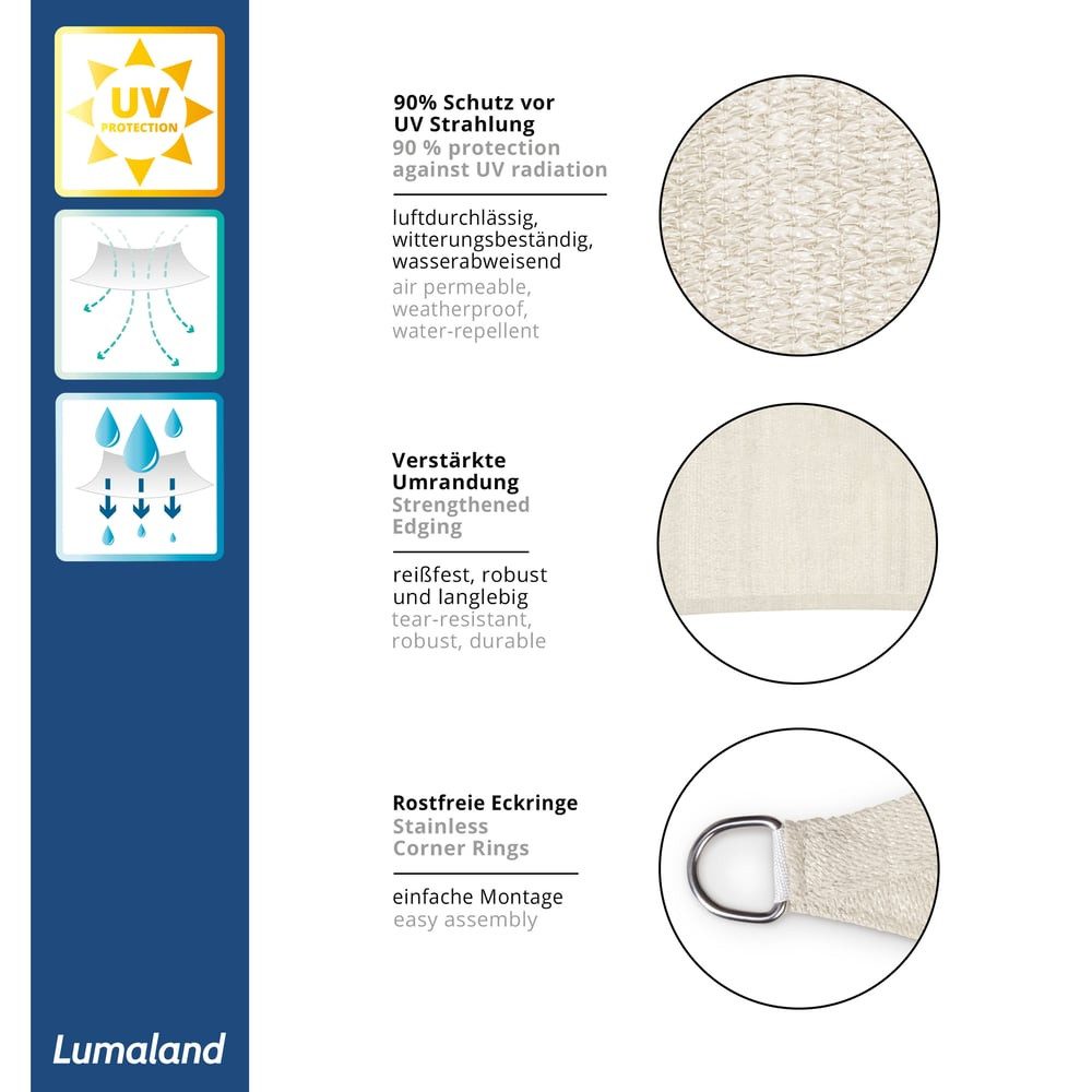 Lumaland Rectangular Sun Shade Sail, Weatherproof Sun Protection including Fixing Rope