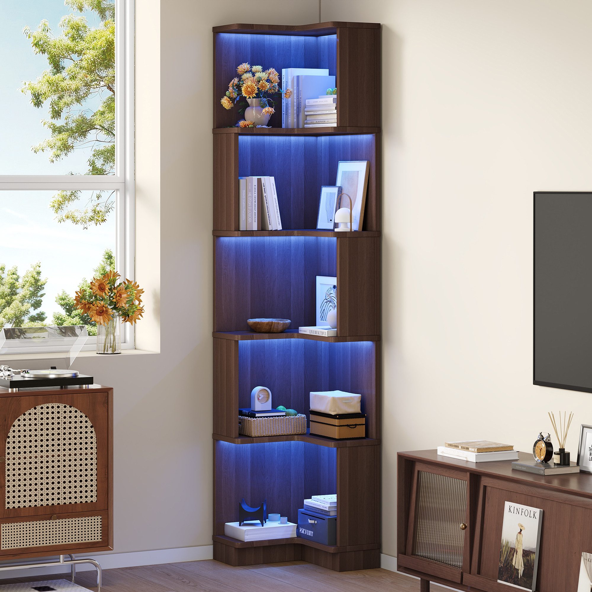Merax Bücherregal mit LED-Farbwechsel inkl.Fernbedienung, 1-tlg., Eckbücherregal Eckregal L-förmiges Regal mit 5 Ebenen, 63,5x45x175 cm