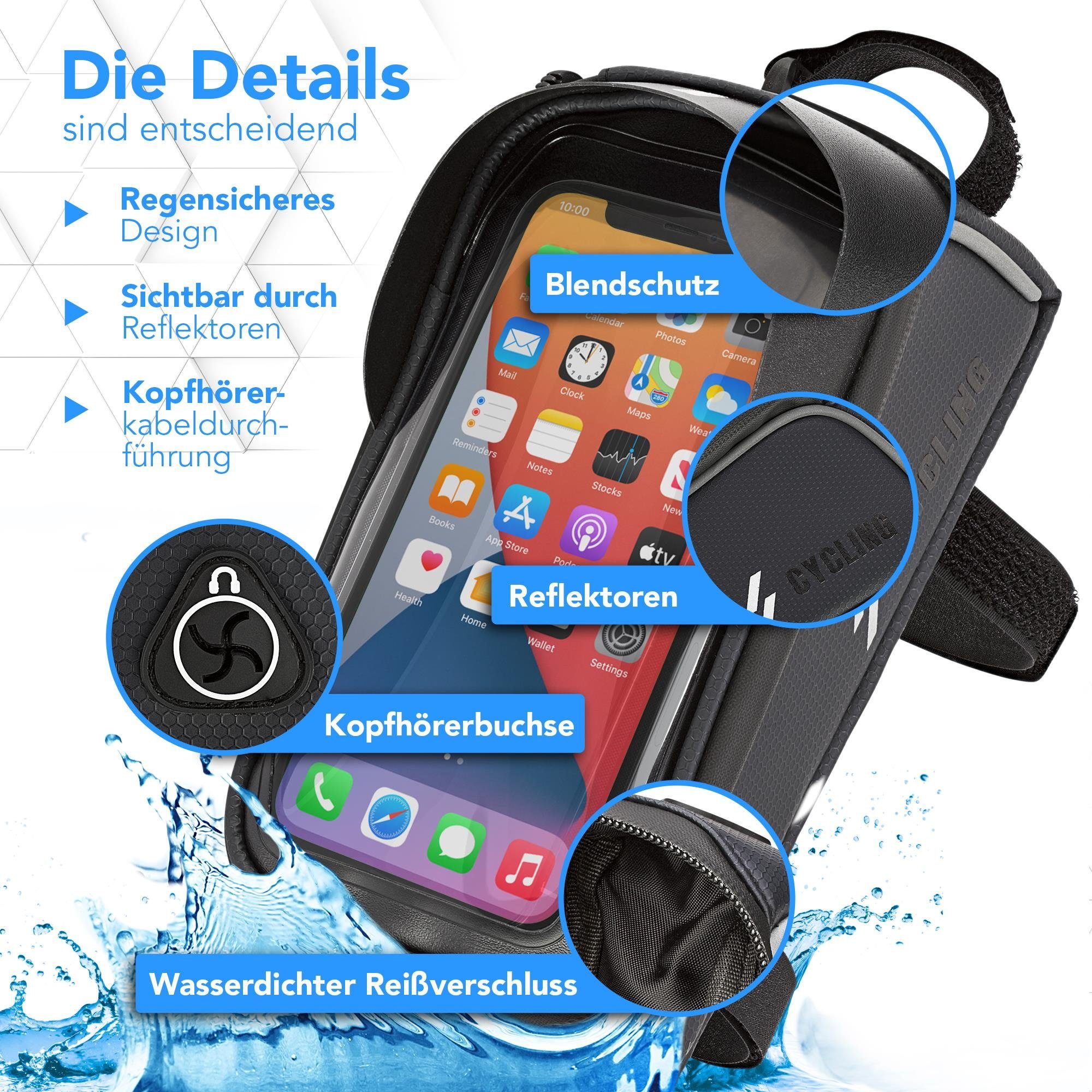 EAZY CASE Handyhülle Universal Fahrradhalterung Rahmentasche für Handys,  Handyhalterung zur Montage Handy Halterung mit Touch drehbar Schwarz