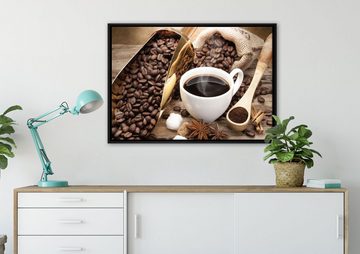 Pixxprint Leinwandbild Edler Kaffee und Kaffeebohnen, Wanddekoration (1 St), Leinwandbild fertig bespannt, in einem Schattenfugen-Bilderrahmen gefasst, inkl. Zackenaufhänger