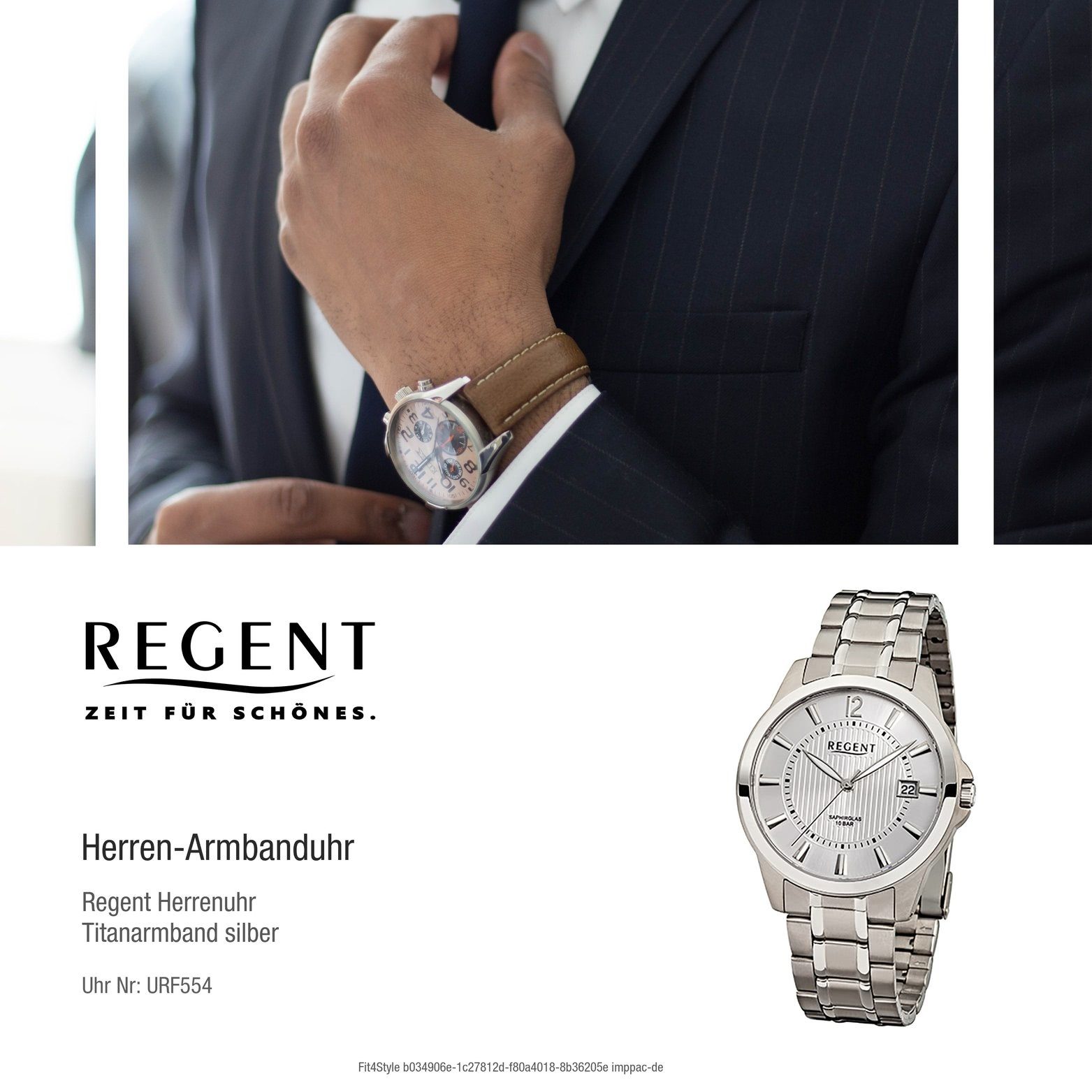 Regent Quarzuhr Uhr Quarzuhr, Titanarmband Titan Herren Herrenuhr silber, F-554 39mm) Regent (ca. rundes Gehäuse, mittel
