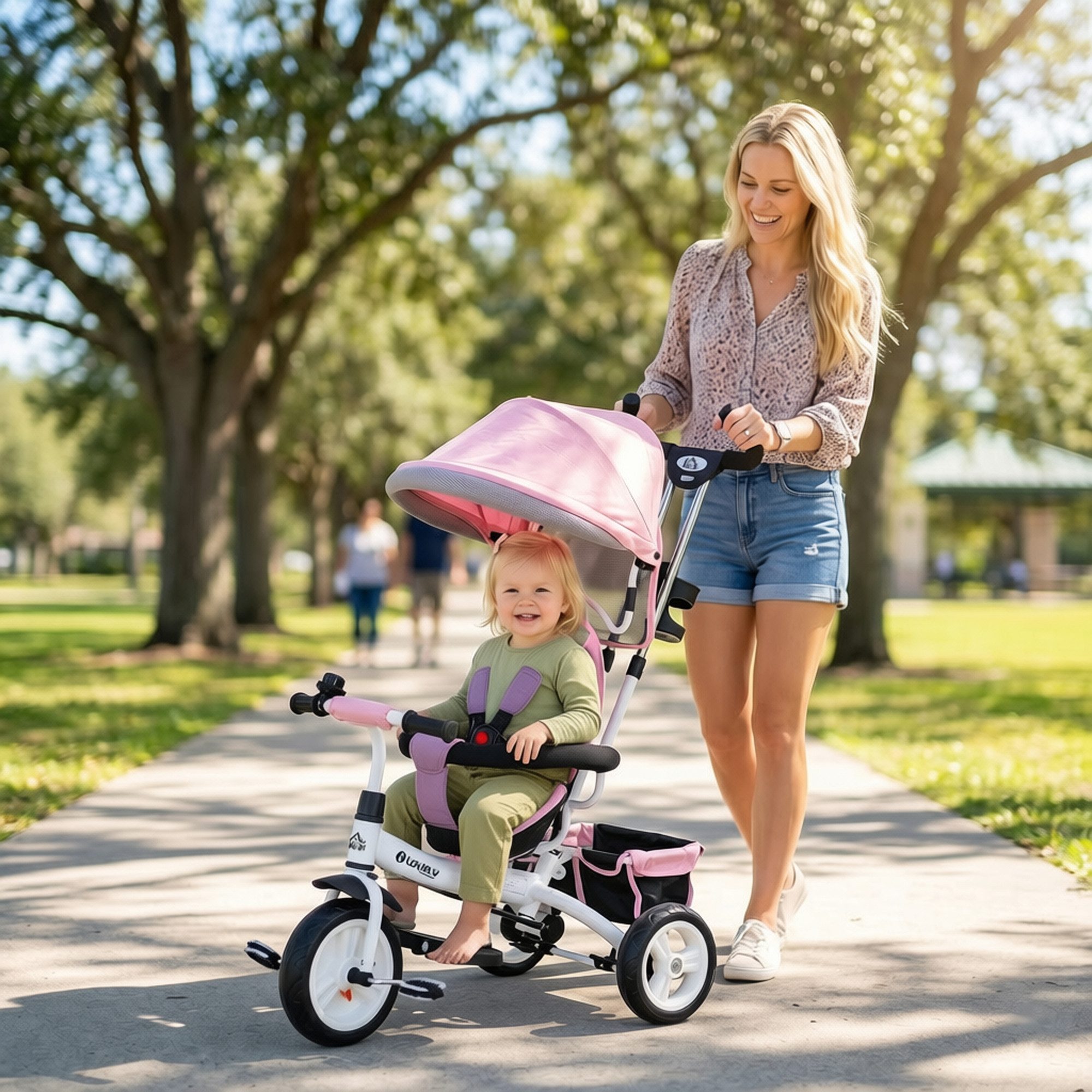 HOMCOM Dreirad 6-in-1 Schubstange, Kinder bis 25kg, Vorwärts und Rückwärtsfahrt, für 12-60 Monate, Rosa