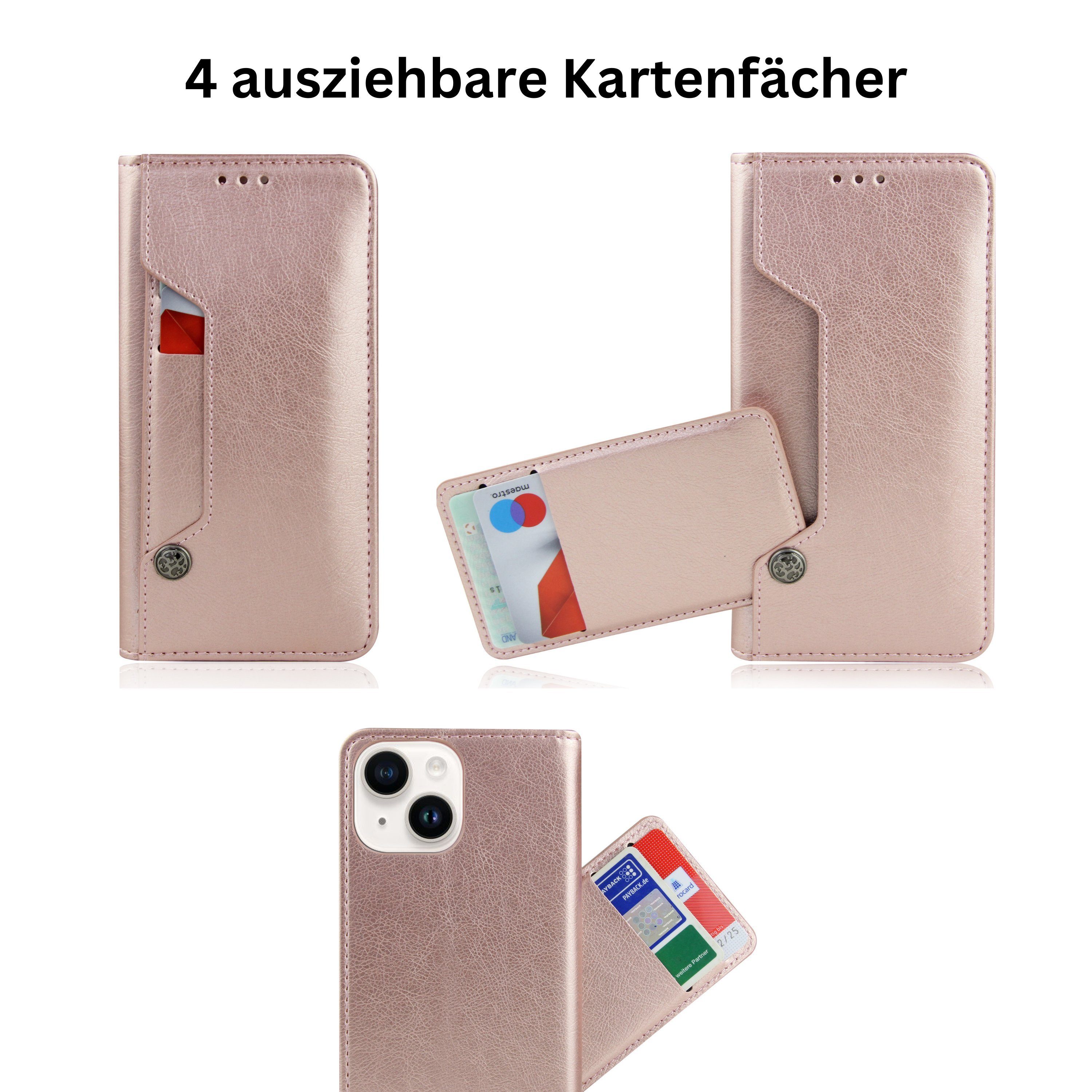 Frentree Handyhülle aus echtem Leder für iPhone 12, 13, 14, Magnetverschluss mit 4 Kartenfächern & 2 Sichtfenstern, Handy-Ständer