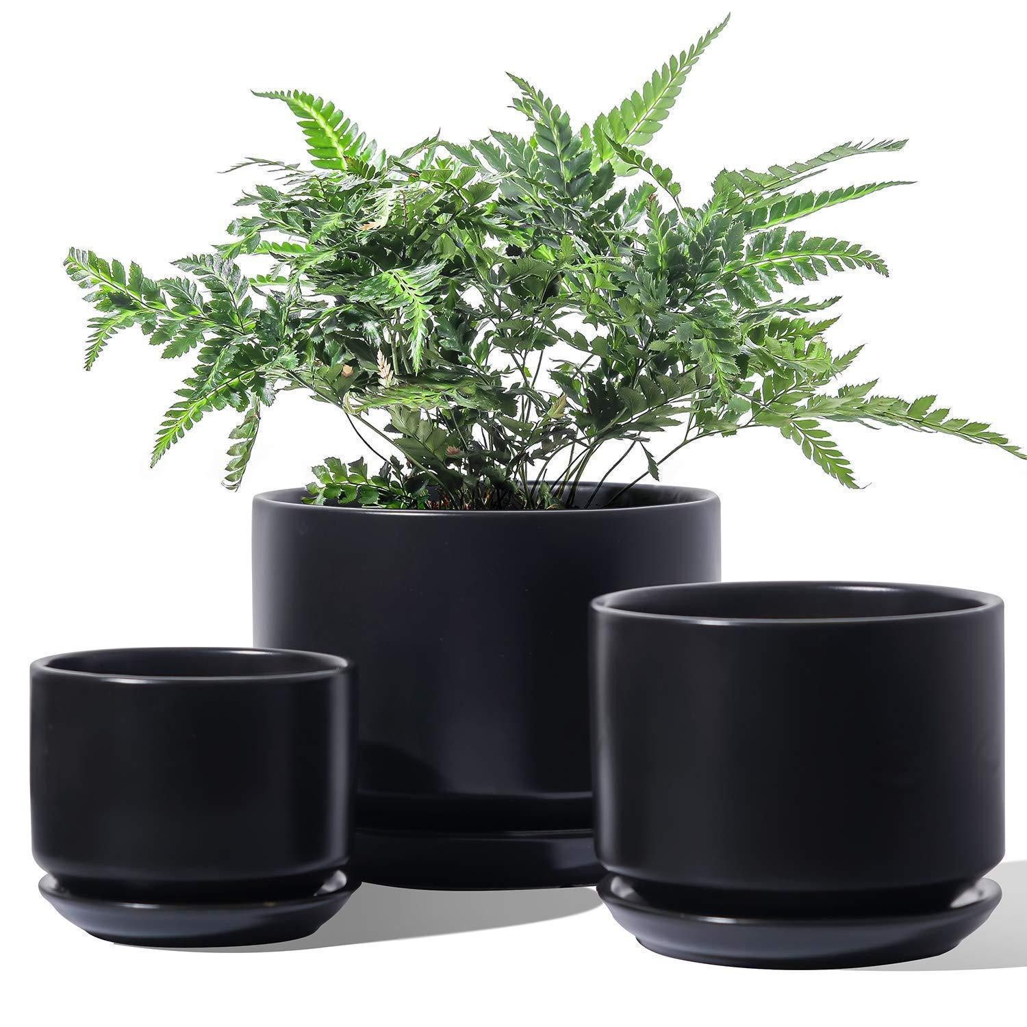 LuxusKollektion Blumentopf Blumentöpfe Keramik 3er 11 13 17cm Abflussloch Untersetzer Schwarz (1 St)