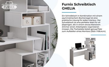 Furnix Schreibtisch GHELIA Arbeitsplatz mit asymmetrischem Regal Weiß, B158,4 x H135 x 39,6 cm, vielseitig, raumsparend, made in Europe
