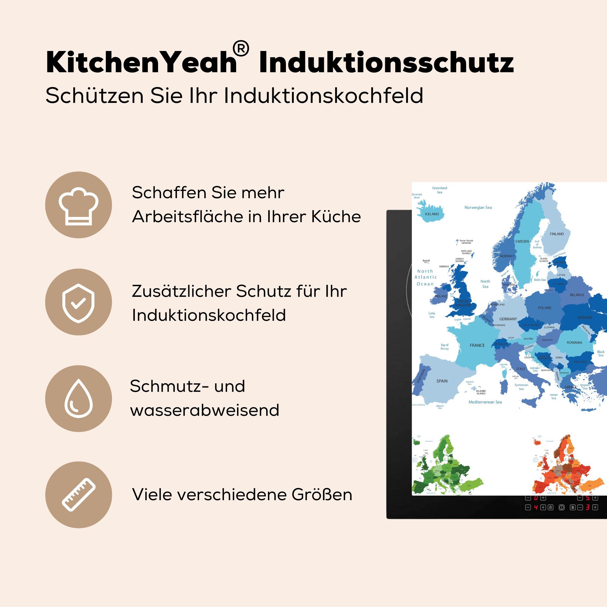- Herdblende-/Abdeckplatte für tlg), 78x78 küche Vinyl, Arbeitsplatte Karte - Europa (1 MuchoWow cm, Blau, Ceranfeldabdeckung,