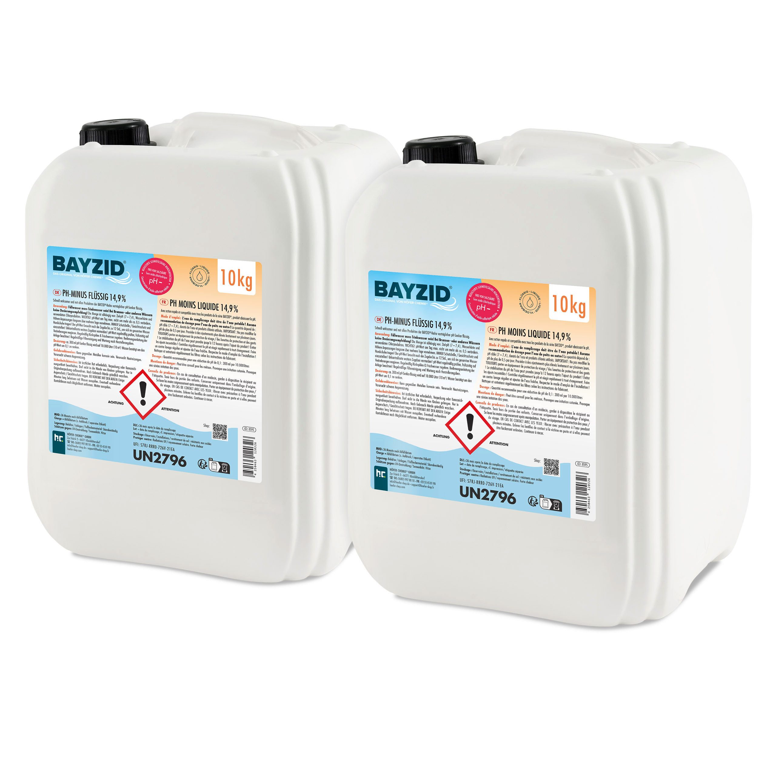 Höfer Chemie GmbH Poolpflege 2x 10 kg BAYZID® pH Minus flüssig 14,9%, Zuverlässige Regulierung des pH-Werts