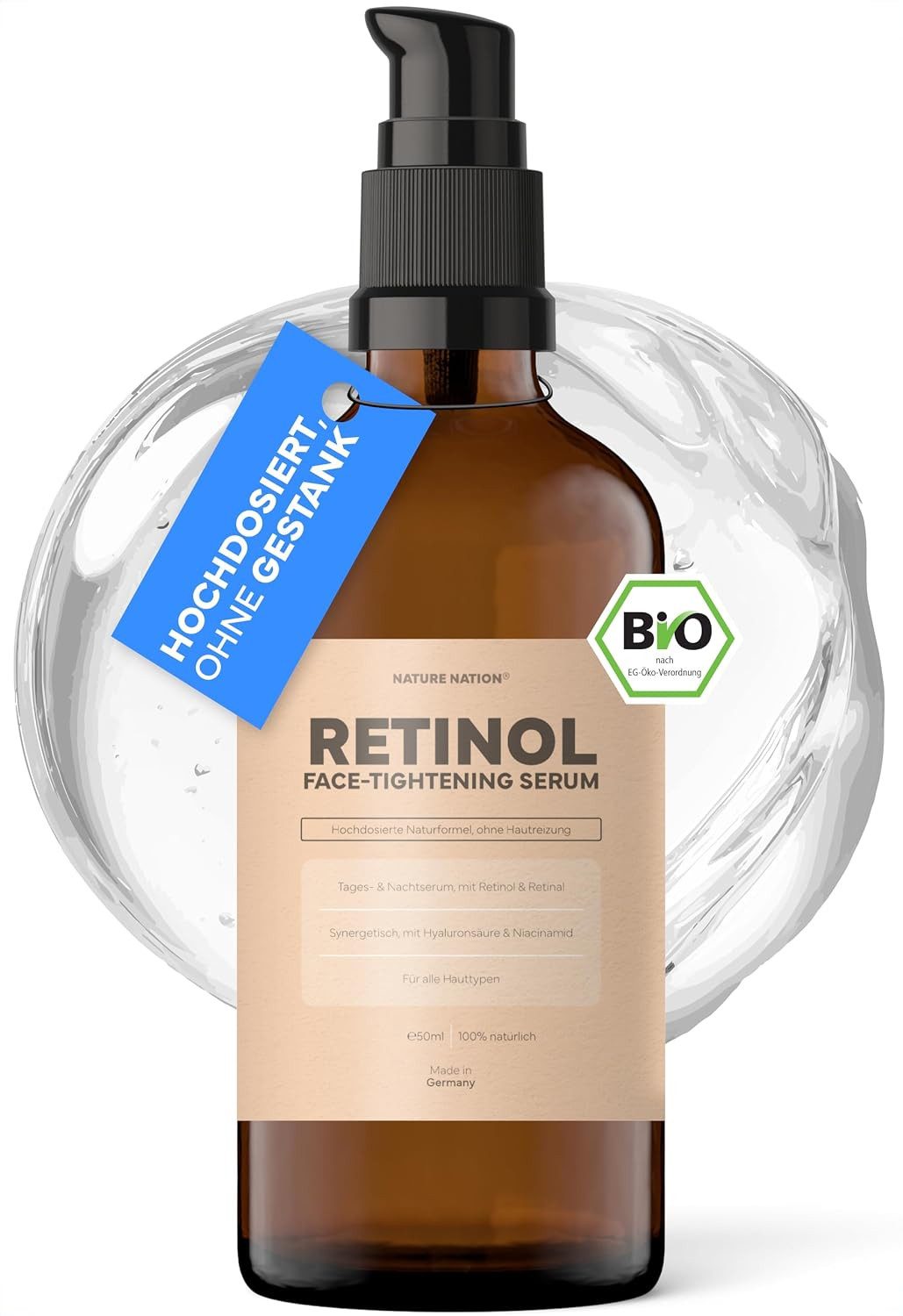 NATURE NATION Anti-Falten-Serum Retinol Serum 2% hochdosiert + Bakuchiol, Retinal & Niacinamid, vegan, 1-tlg., Anti-Aging Serum für Falten & unebenmäßiges Hautbild
