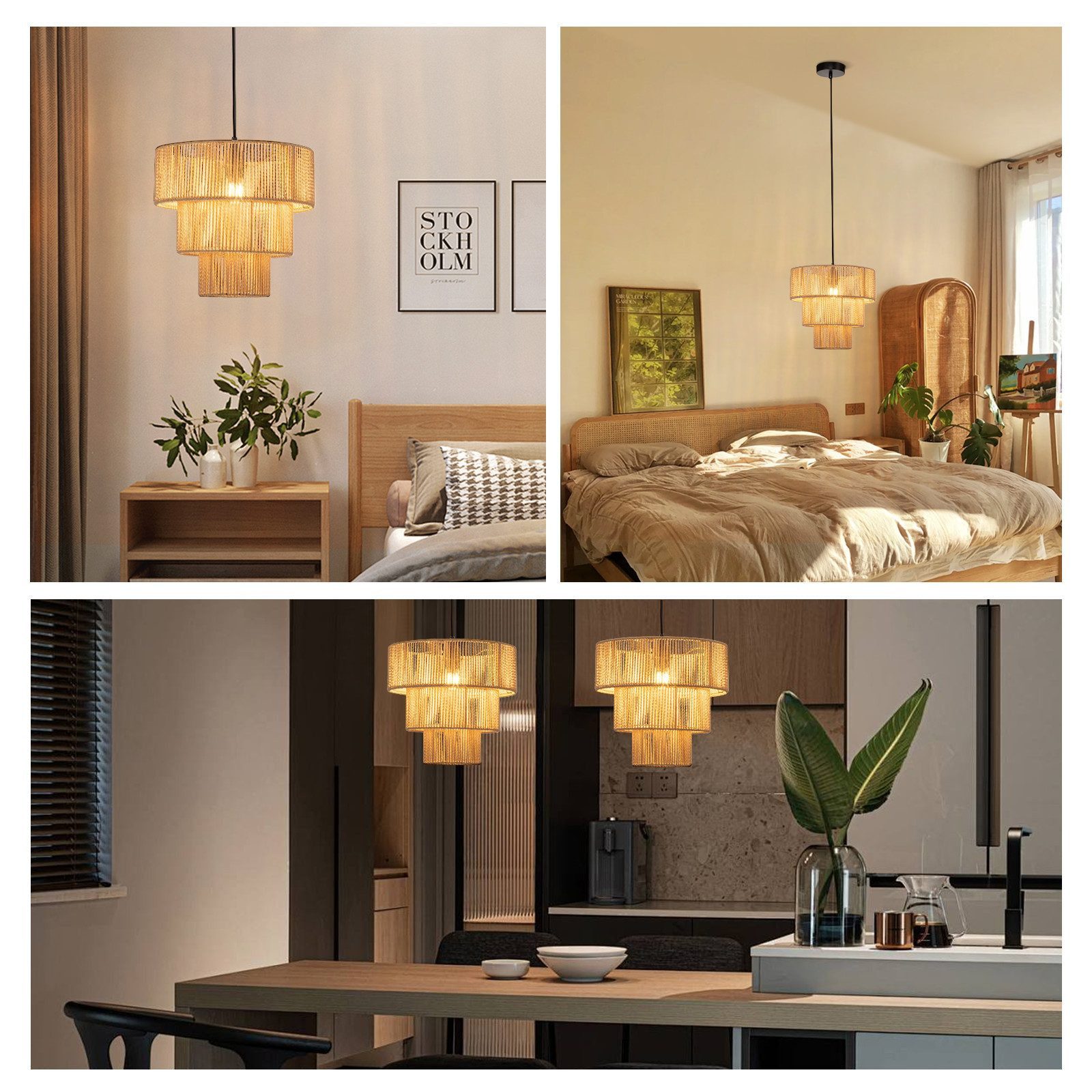 ZMH Pendelleuchte Rattan Pendelleuchte E27 beige 35 cm Boho, ohne Leuchtmittel, E27 Esstischlampe 150 CM Höhenverstellbar – Bild 5 von 5