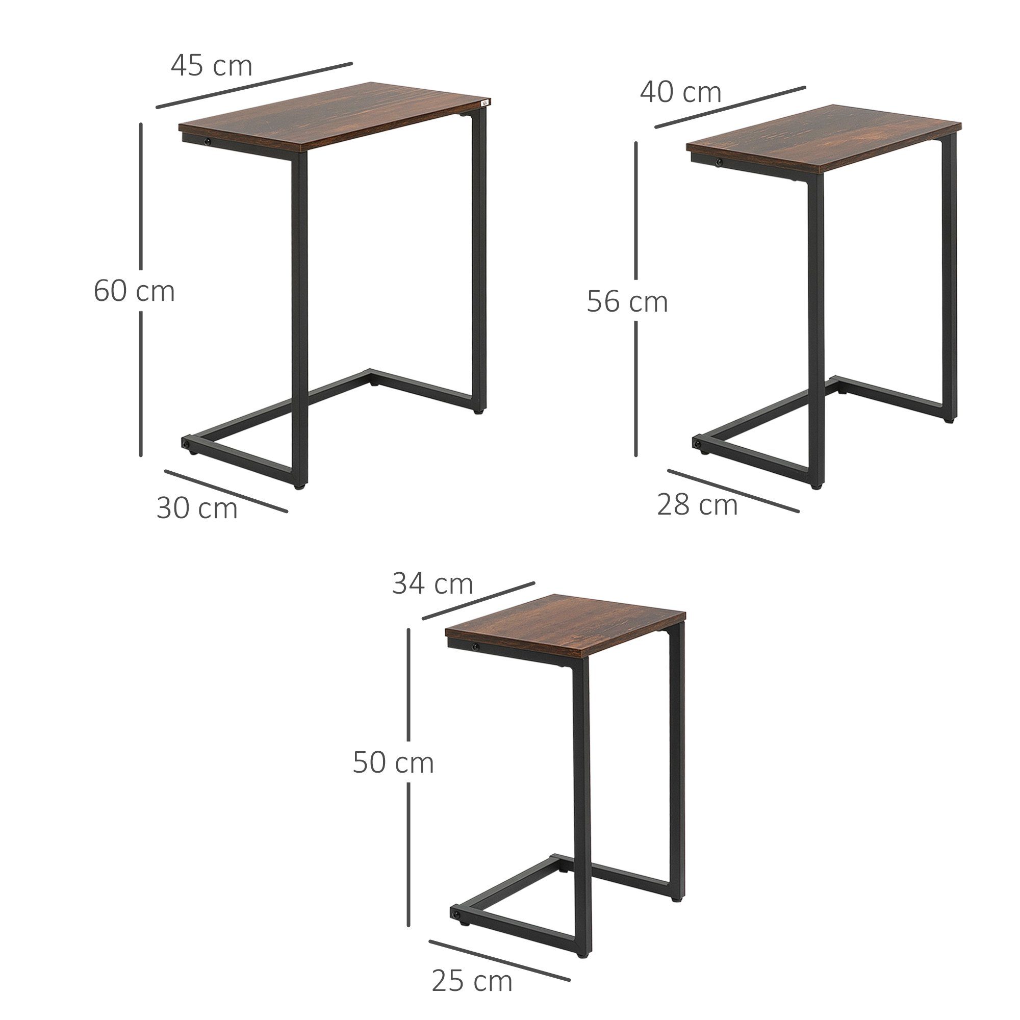 HOMCOM Beistelltisch Kaffeetische mit Stahlgestell im Industriedesign (Schreibtisch, 3-St., Couchtische), Rustikal-Braun Spanplatte, Stahl