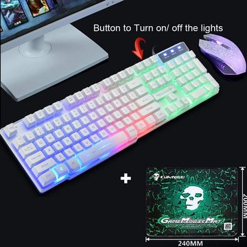 LexonTech Gaming UK-Layout, Regenbogen-LED-Hintergrundbeleuchtung Tastatur- und Maus-Set, USB-GamerTastatur mit 2400 DPI 6 Tasten Regenbogen-Gaming-Maus Mauspad
