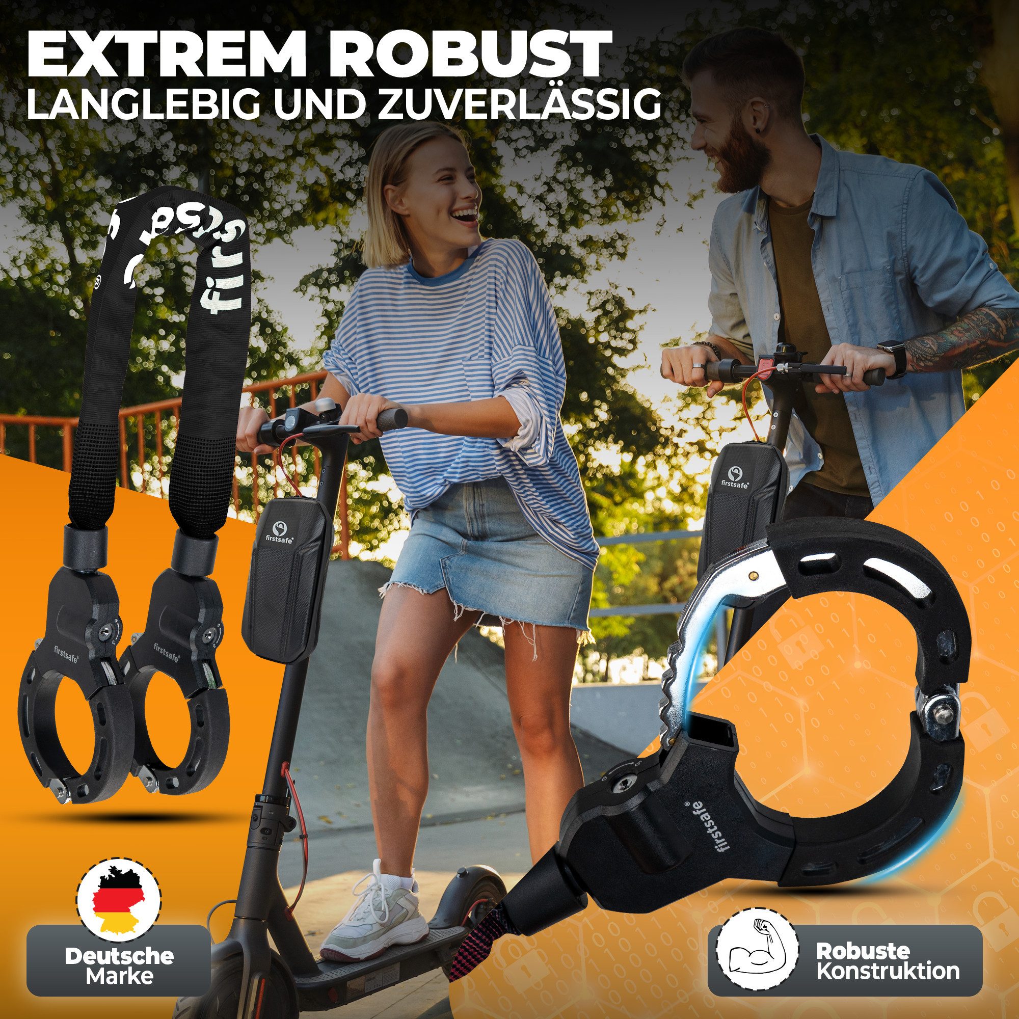 firstsafe Kettenschloss Handschellenschloss für E Scooter Schloss und Fahrrad mit Tasche (Set, Schloss + Tasche, 3 Schlüssel), Inklusive Scooter-Tasche – Bild 5 von 5