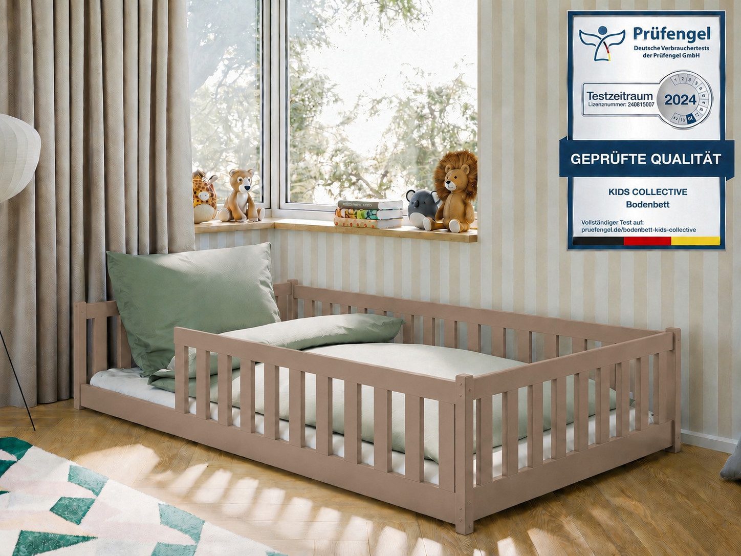 Kids Collective Kinderbett Bodenbett Bett mit Rausfallschutz & Lattenrost Montessori Bett Kinder (Jungen, Mädchen, Kinder, weitere Größen 80x160, 80x180, 90x190, 90x200, 140x200 cm), mit Matratze Jugendbett Einzelbett Milchschokolade 120x200 cm