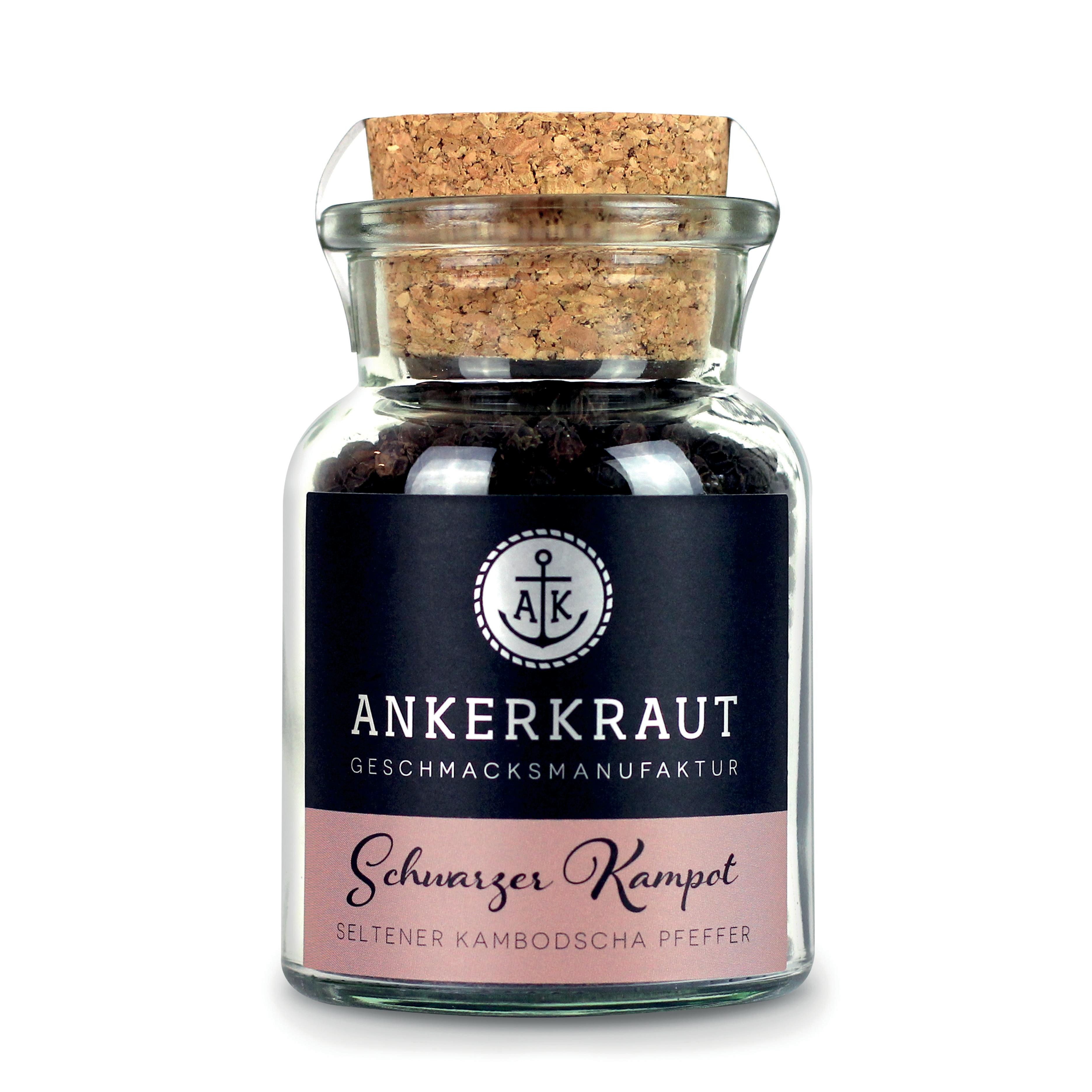 Ankerkraut Gewürz Schwarzer Kampot, Schwarzer Kampot, 80g im Korkenglas