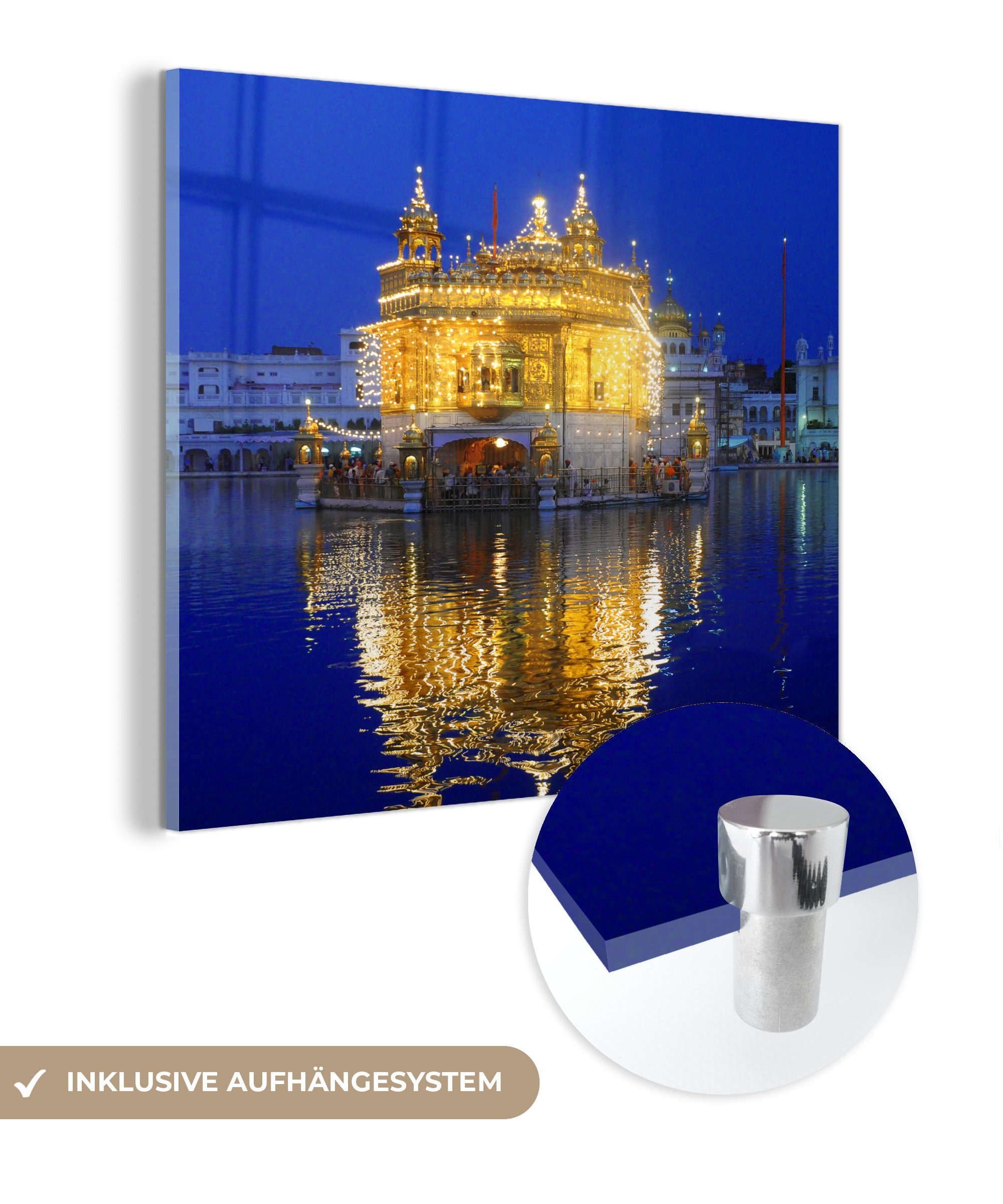 - Bilder Sahib-Tempel Glas Acrylglasbild Glas auf auf Foto Glasbilder am Wandbild Abend, Wanddekoration (1 MuchoWow - beleuchtete Der - Harmandir St),