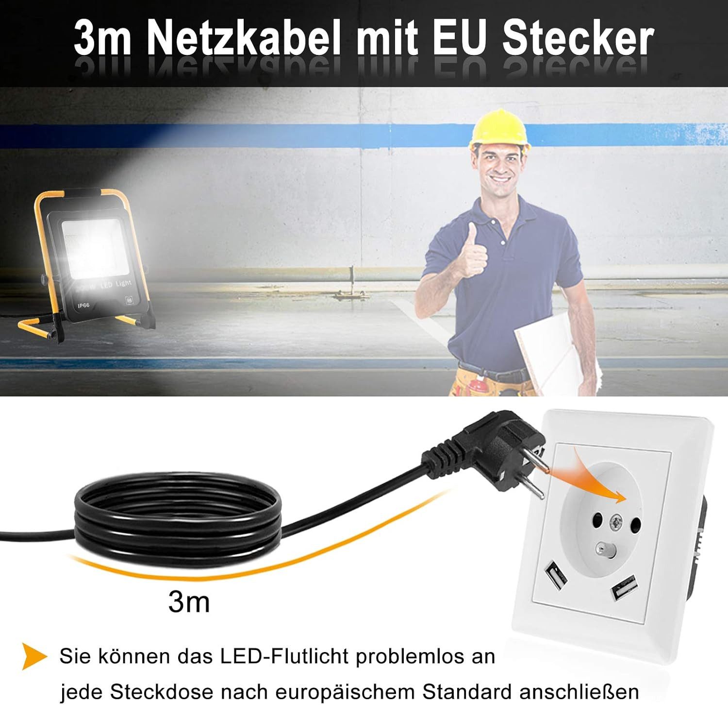 FIVMEN LED Flutlichtstrahler LED Baustrahler mit 3M Kabel LED Fluter Arbeitsscheinwerfer, für Innen-und Außenbereich,Garage, Baustelle, Sportplatz