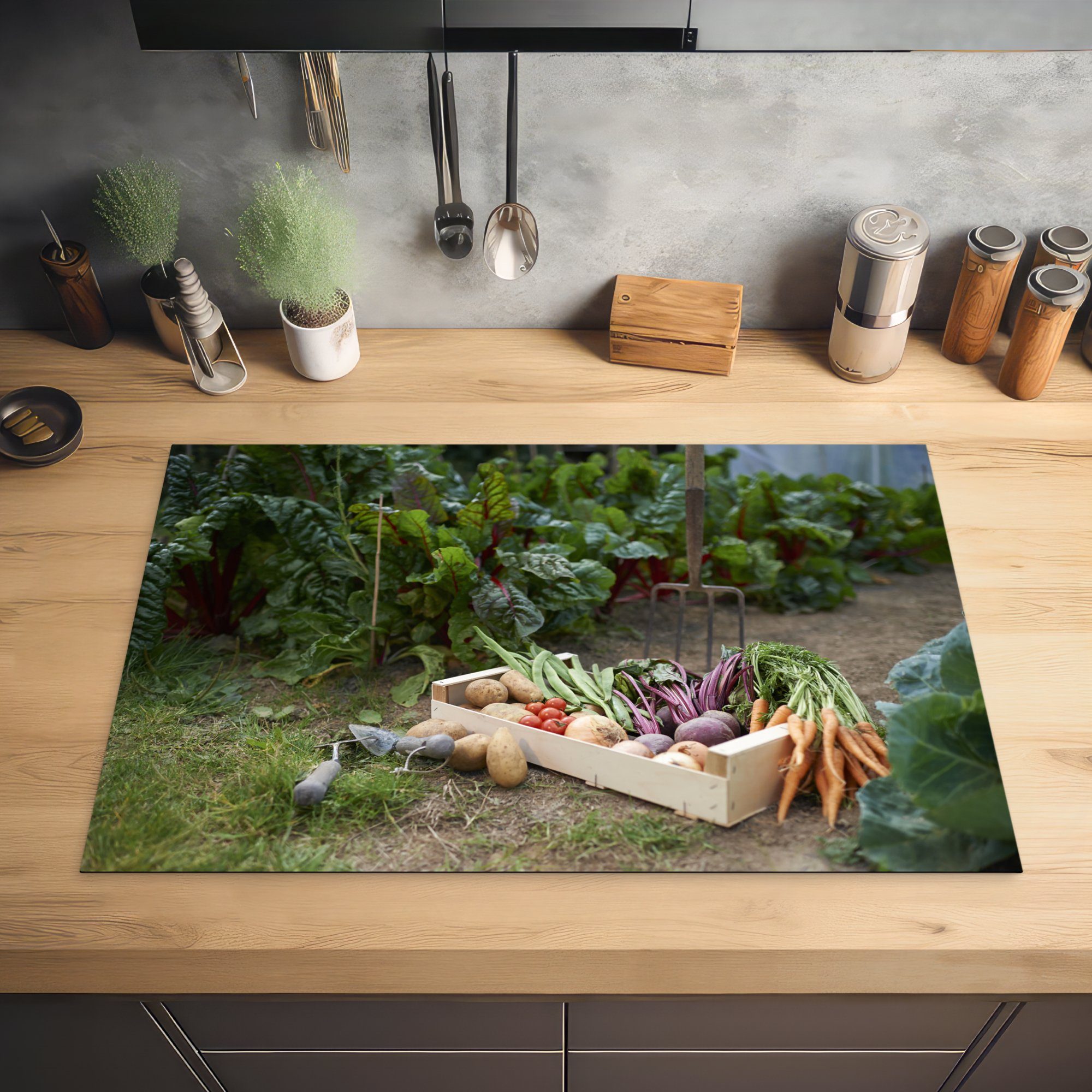 küche, MuchoWow Gemüse Schutz im Induktionskochfeld Ceranfeldabdeckung Herdblende-/Abdeckplatte cm, 81x52 tlg), die Vinyl, Garten, (1 für