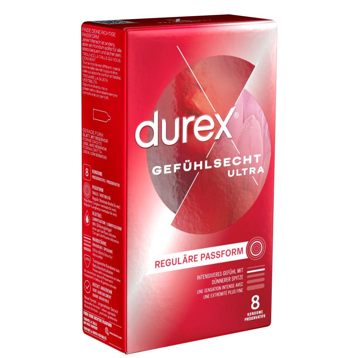 durex Kondome Gefühlsecht Ultra Packung mit, 8 St., hauchzarte Markenkondome mit 20% dünnerer Spitze | Kondome