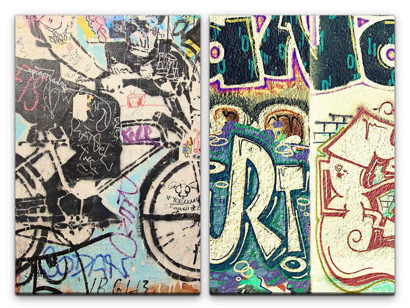 Sinus Art Leinwandbild 2 Bilder je 60x90cm Street Art Graffiti Tags Chaotisch Hip Hop Jugendzimmer Bunt