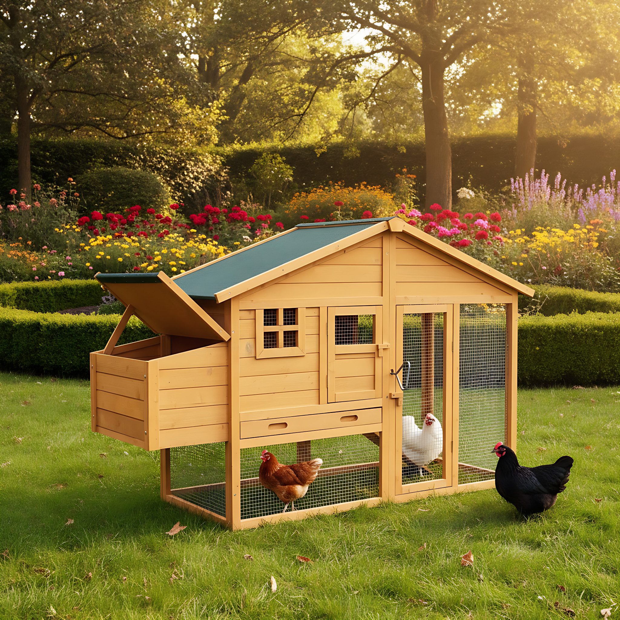Zooprinz Hühnerstall Luxus mit großem Freilauf 190x117x67 cm (BxHxT), Nistkasten, Massives Kiefernholz, Sitzstangen