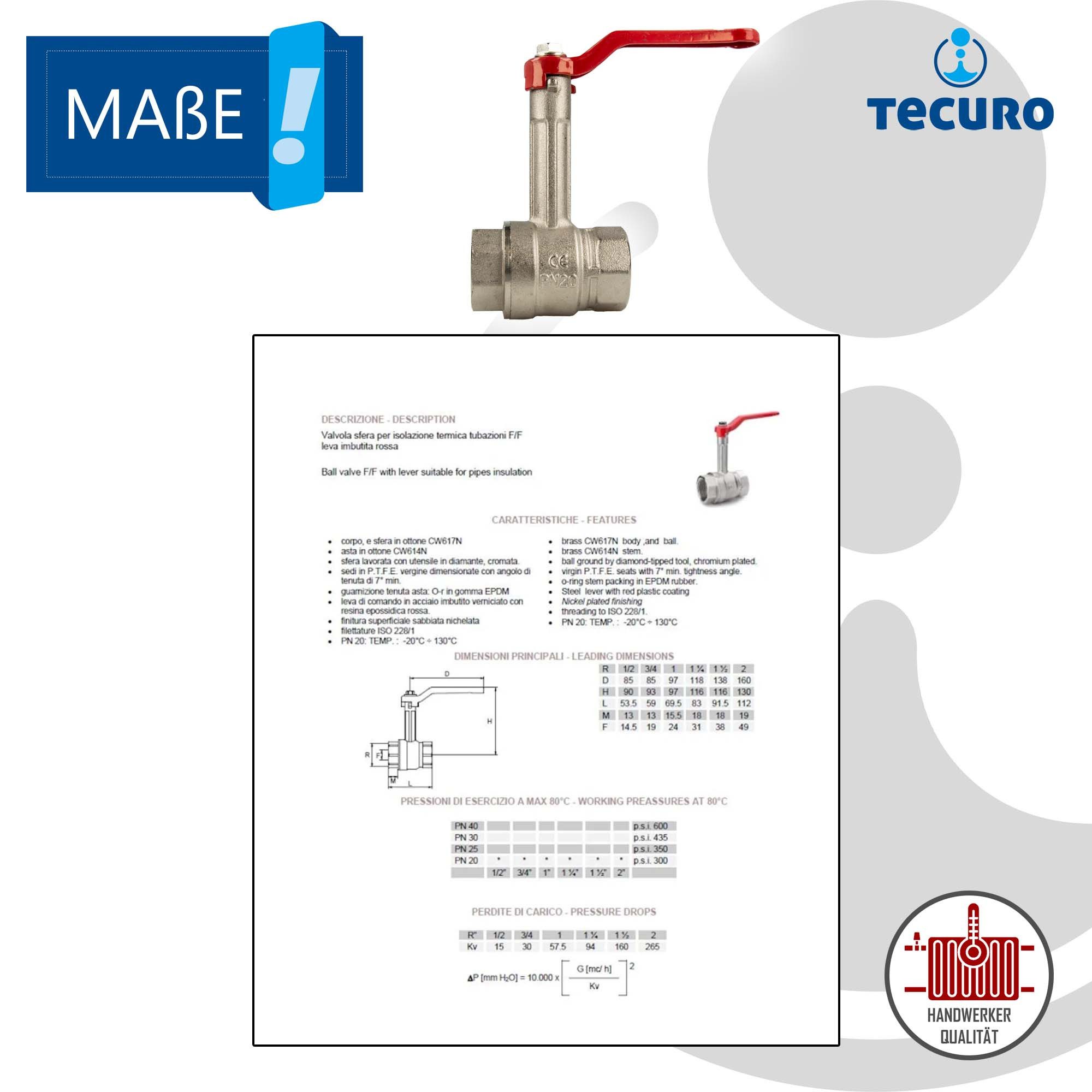 tecuro Kugelhahn mit verlängerter Spindel, beids. IG 1/2 bis 2 Zoll, langer Stahlhebel, mit verlängerter Spindel