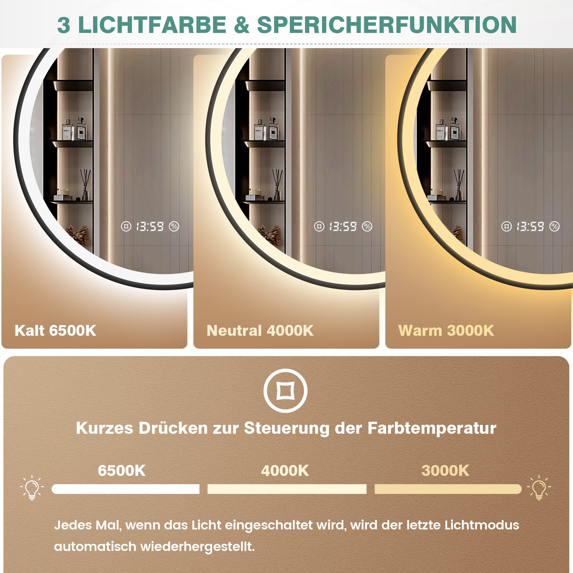 PESENXAN Badspiegel Runder LED Spiegel mit Beleuchtung, LED Badezimmerspiegel, Dimmbar (1-St), Antibeschlag, 3 Lichtfarben, Touch-Schalter, Speicherfunktion – Bild 4 von 5