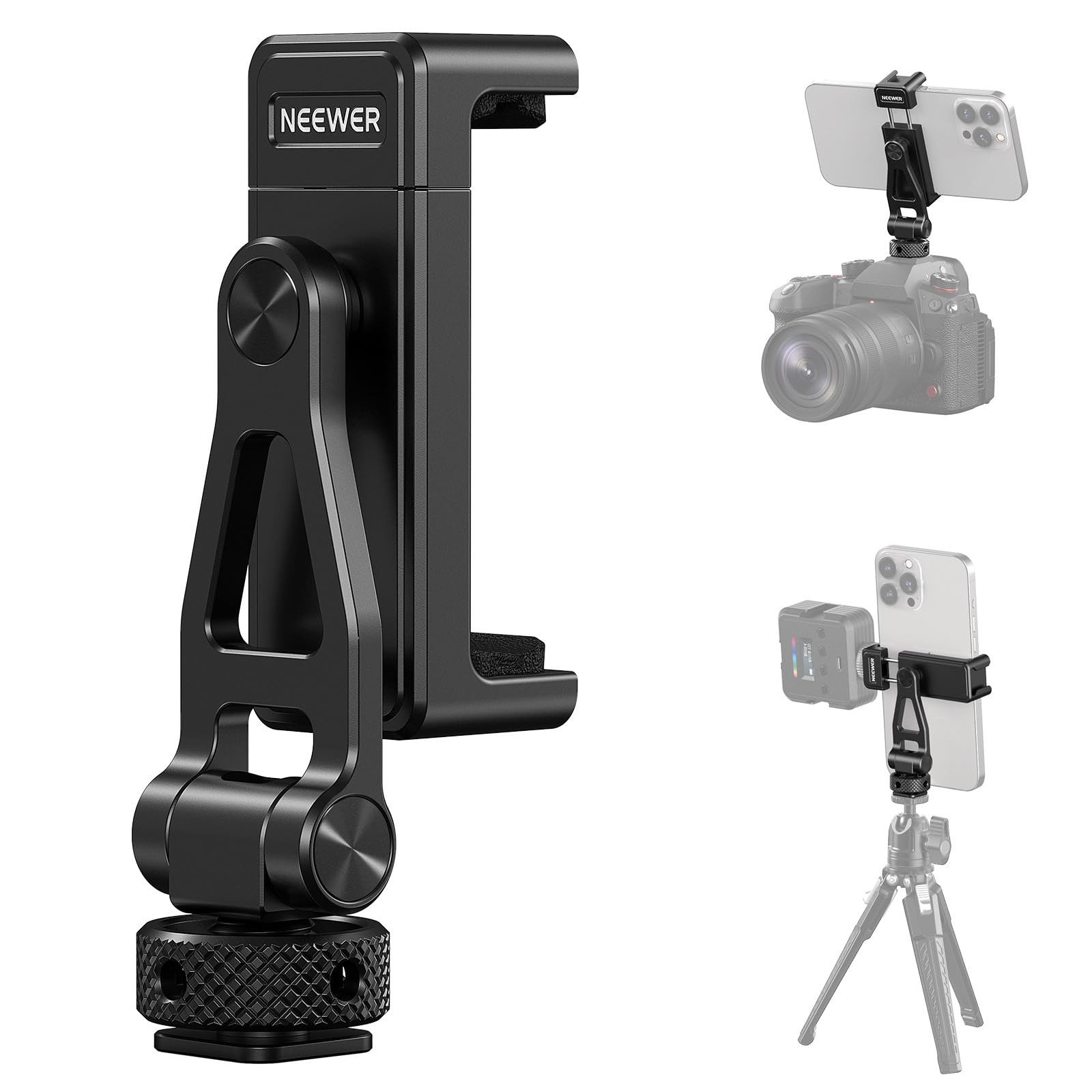 Neewer Handy-Halterung GA010 Metall Handy Stativ Halterung mit Cold Shoes, 1/4" Gewinde, (Packung, 180° Neigung 360° Drehung, Verstellbare Handyhalterung)