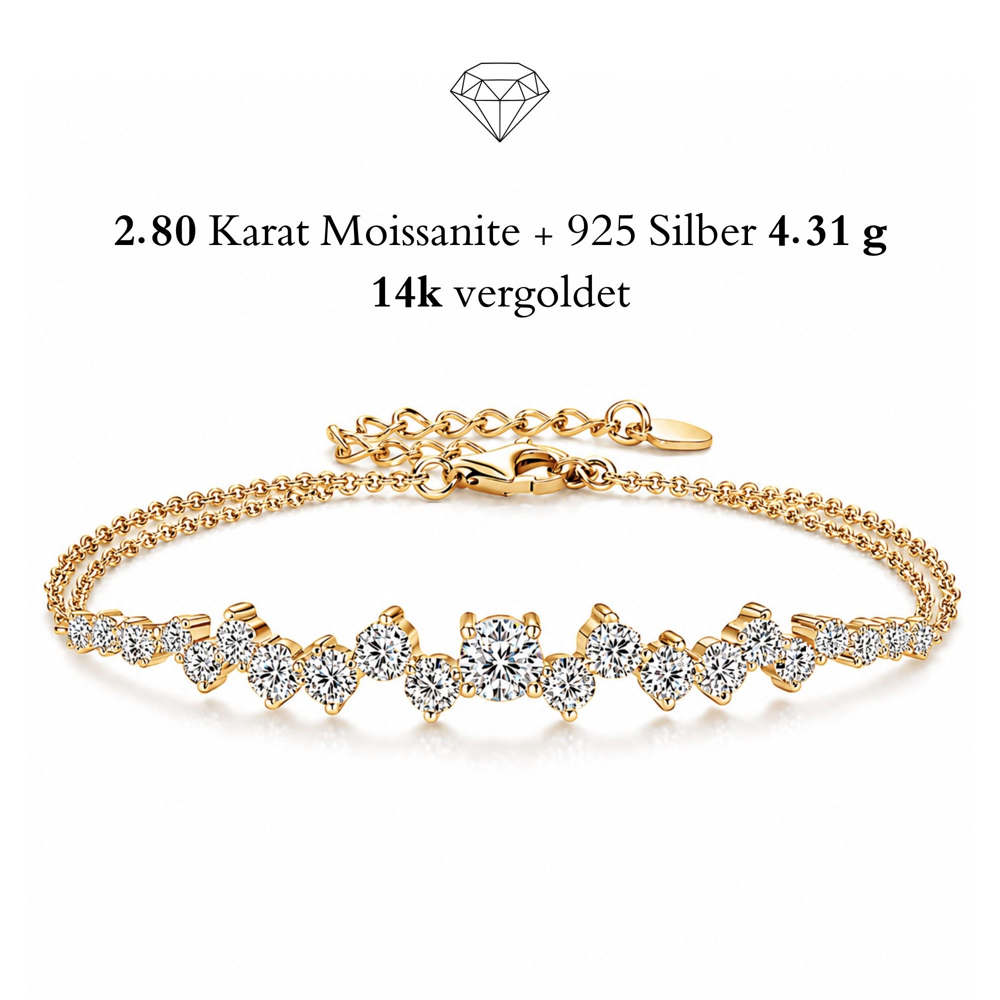 UNIQAL.de Silberarmband Damen 925 Sterling Silber mit Diamant Moissanit 2,8 Karat - STELLARA (Silberarmband im Sternbild Design mit 21 Moissanit Steinen, 925 Sterling Silber weißgold oder 14K gold veredelt, inkl. Luxuriöse Schmuck Geschenkbox), Moissanit VVS1 Reinheit, GRA-Zertifikat, Armkette Geschenk für Damen