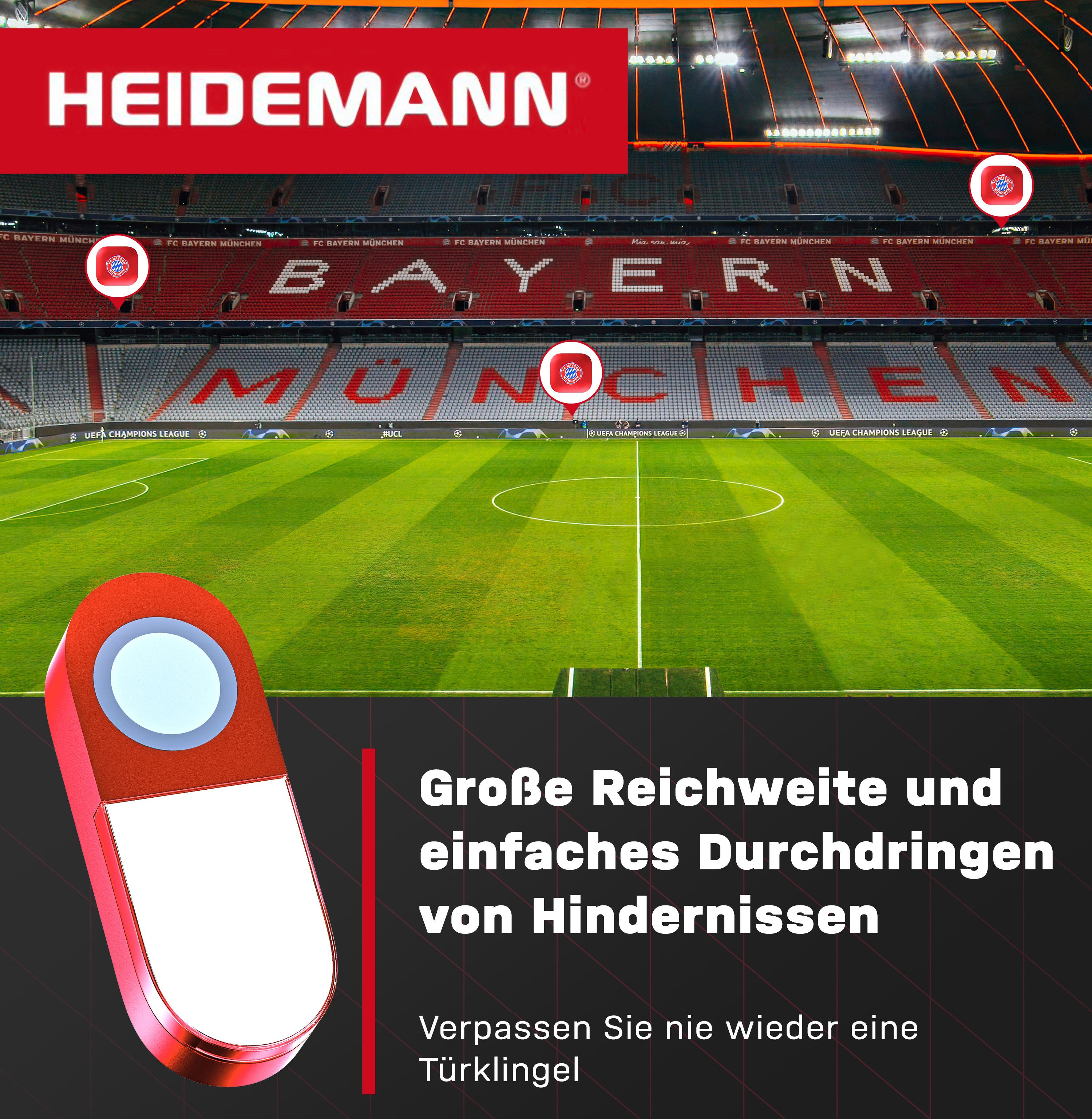 Heidemann Steckdosen-Türgong Heidemann Funkgong-Set Stern des Südens FC Bayern München, 433, rot (2-tlg) LED-Signal, Steckdosenbetrieb, 36 Melodien, hohe Reichweite