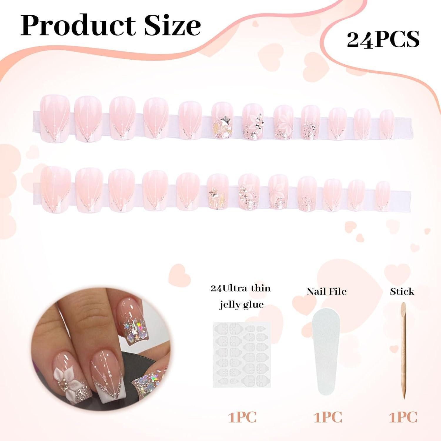 LuxusKollektion Kunstfingernägel Künstliche Nägel 24er Set eckig glänzend rosa zum Aufkleben mit Strass