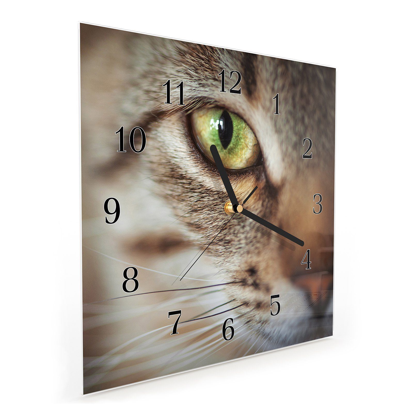 Größe Motiv cm Wanduhr Glasuhr 30 Katze von Wandkunst Primedeco mit Wanduhr Gesicht getigerter 30 x