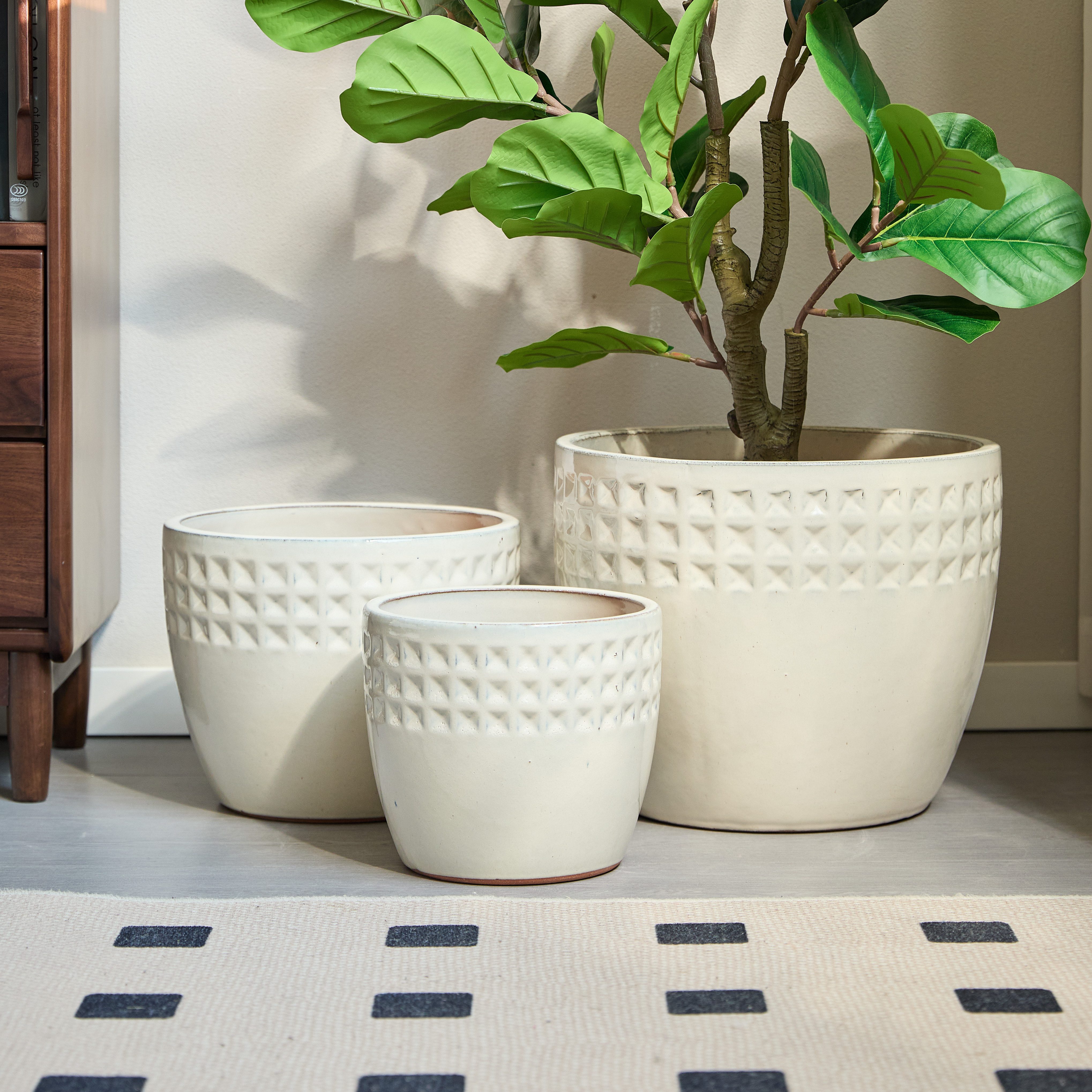 BBWL Blumentopf Keramikpflanzset 3-teilig mit Rautenmuster weiß/grün, handgefertigt (3 St), wetterfest, Drainage, ideal für Sukkulenten,Kräuter und Zimmerpflanzen