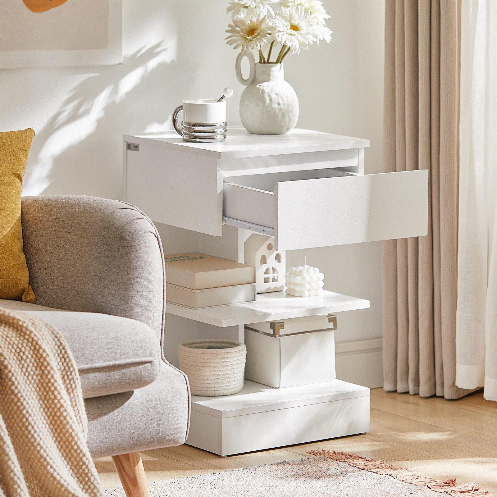 SoBuy Nachttisch FBT49, Nachtschrank Beistelltisch Aufbewahrungsschrank Sofatisch, Nachttisch schmal, mit 1 Schublade und 2 Ablagen, Schlafzimmer – Bild 4 von 5